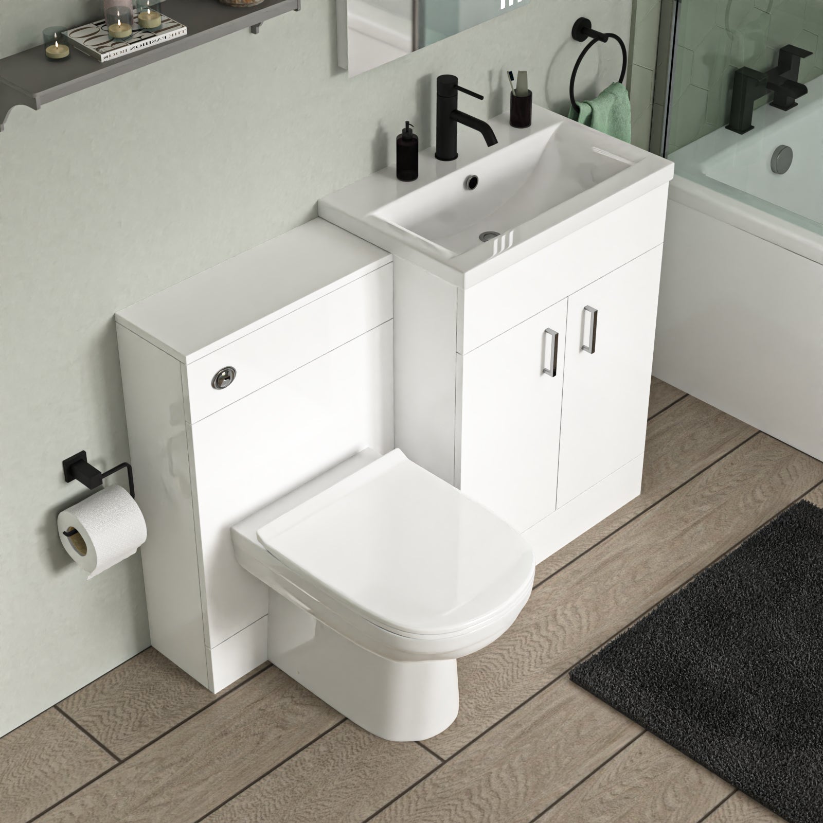 Nanuya L-Shaped Shower Bath with Vanity Unit & Toilet, Taps & Shower