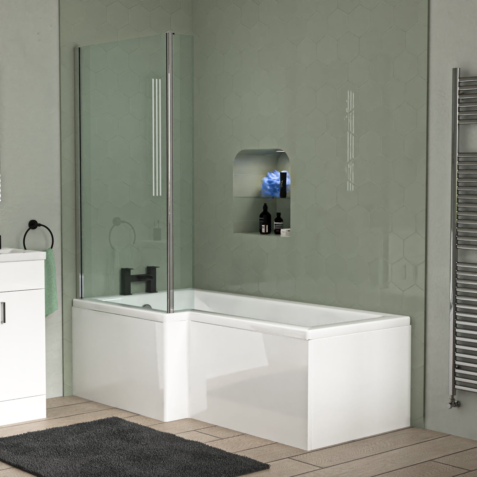 Nanuya L-Shaped Shower Bath with Vanity Unit & Toilet, Taps & Shower