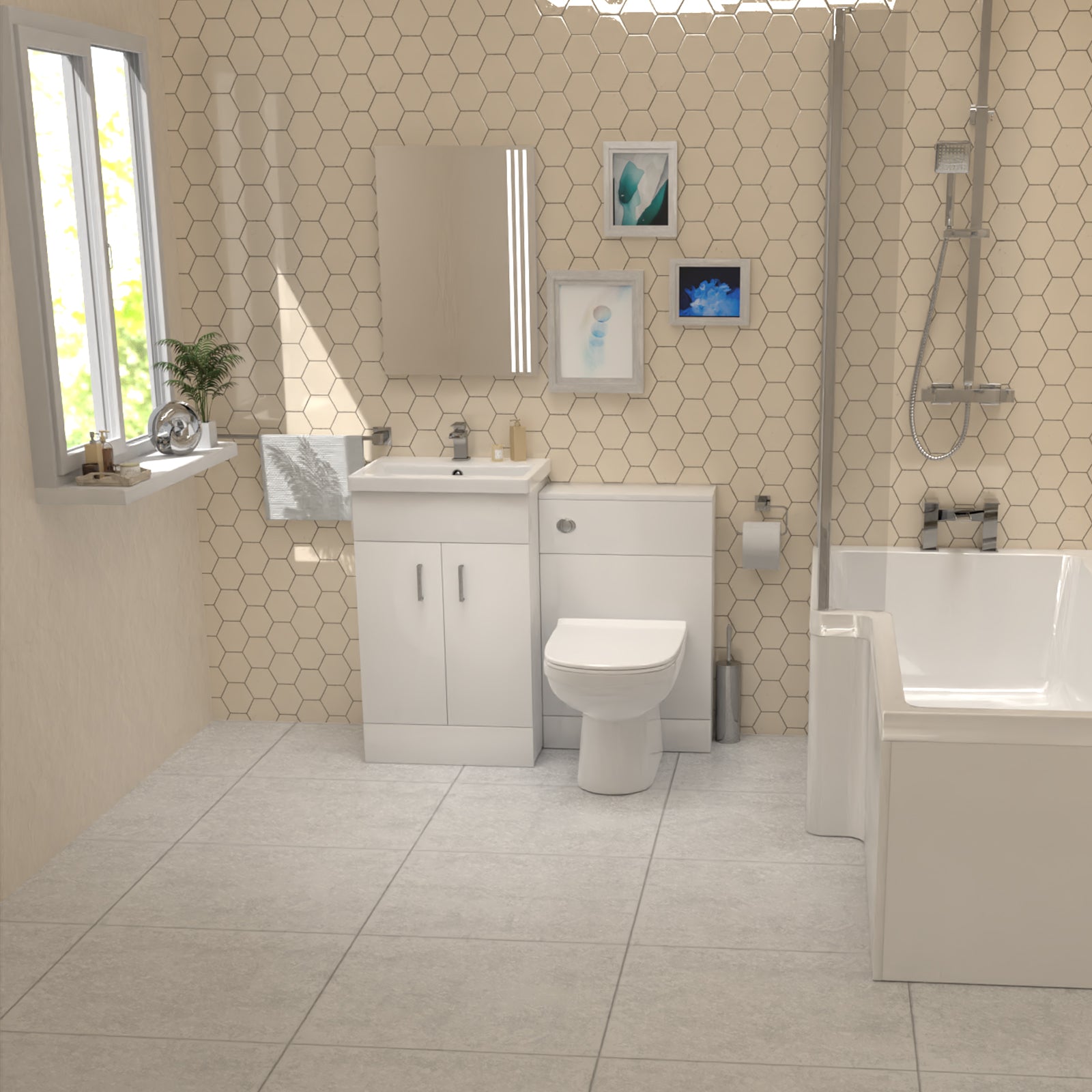 L-Shaped LH Shower Bath Floor Standing White Basin Vanity BTW Toilet