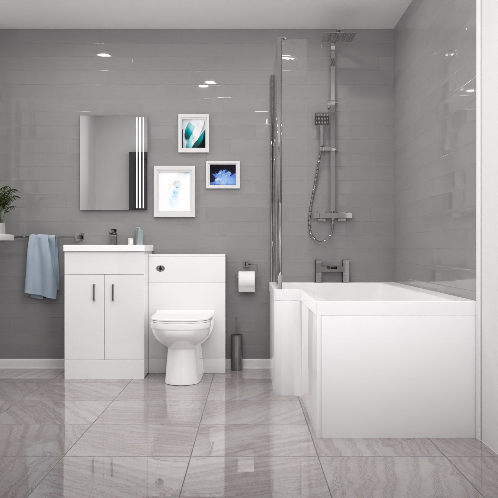 Nanuya L-Shaped LH Bath, Exposed Shower, White Basin Vanity, Taps, BTW Toilet