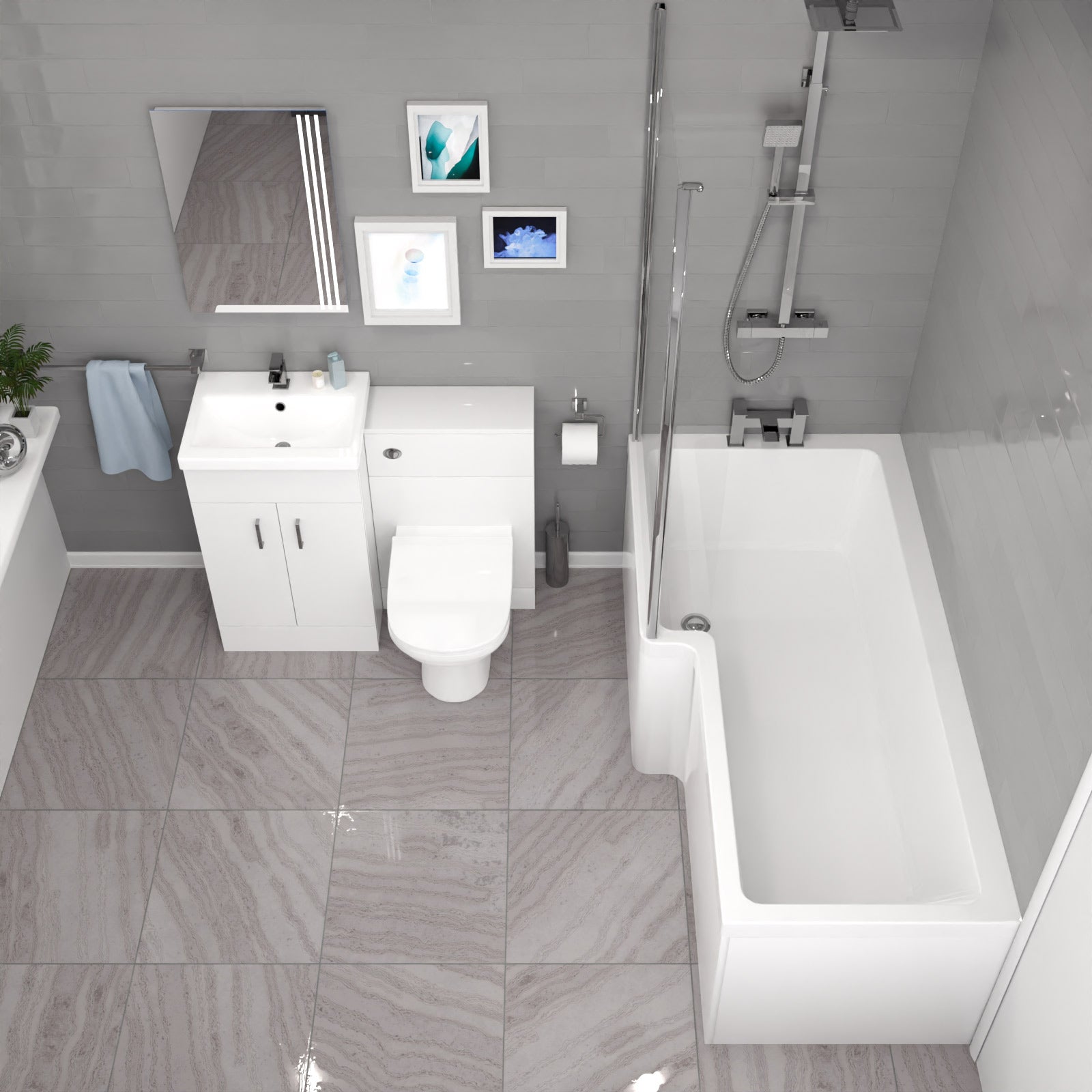 Nanuya L-Shaped LH Bath, Exposed Shower, White Basin Vanity, Taps, BTW Toilet