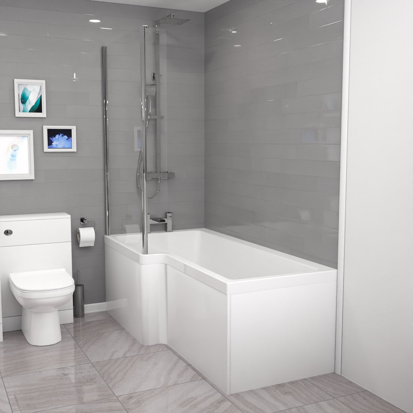 Nanuya L-Shaped LH Bath, Exposed Shower, White Basin Vanity, Taps, BTW Toilet