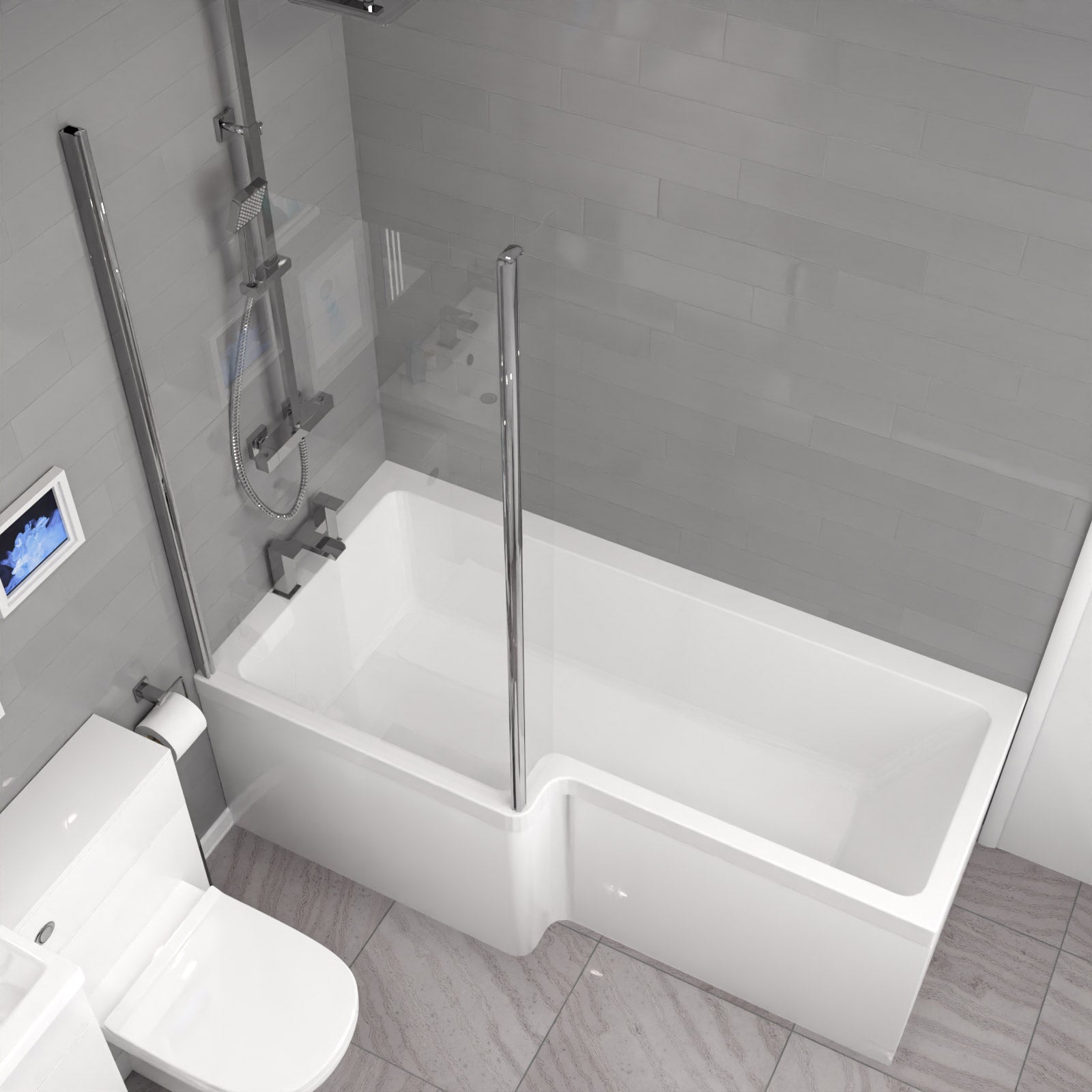 Nanuya L-Shaped LH Bath, Exposed Shower, White Basin Vanity, Taps, BTW Toilet