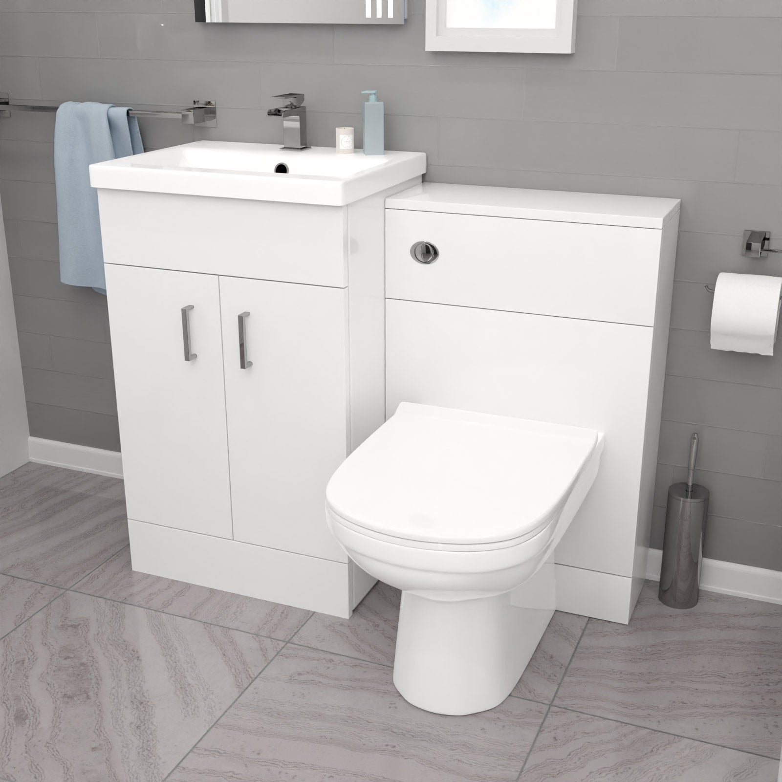 Nanuya L-Shaped LH Bath, Exposed Shower, White Basin Vanity, Taps, BTW Toilet