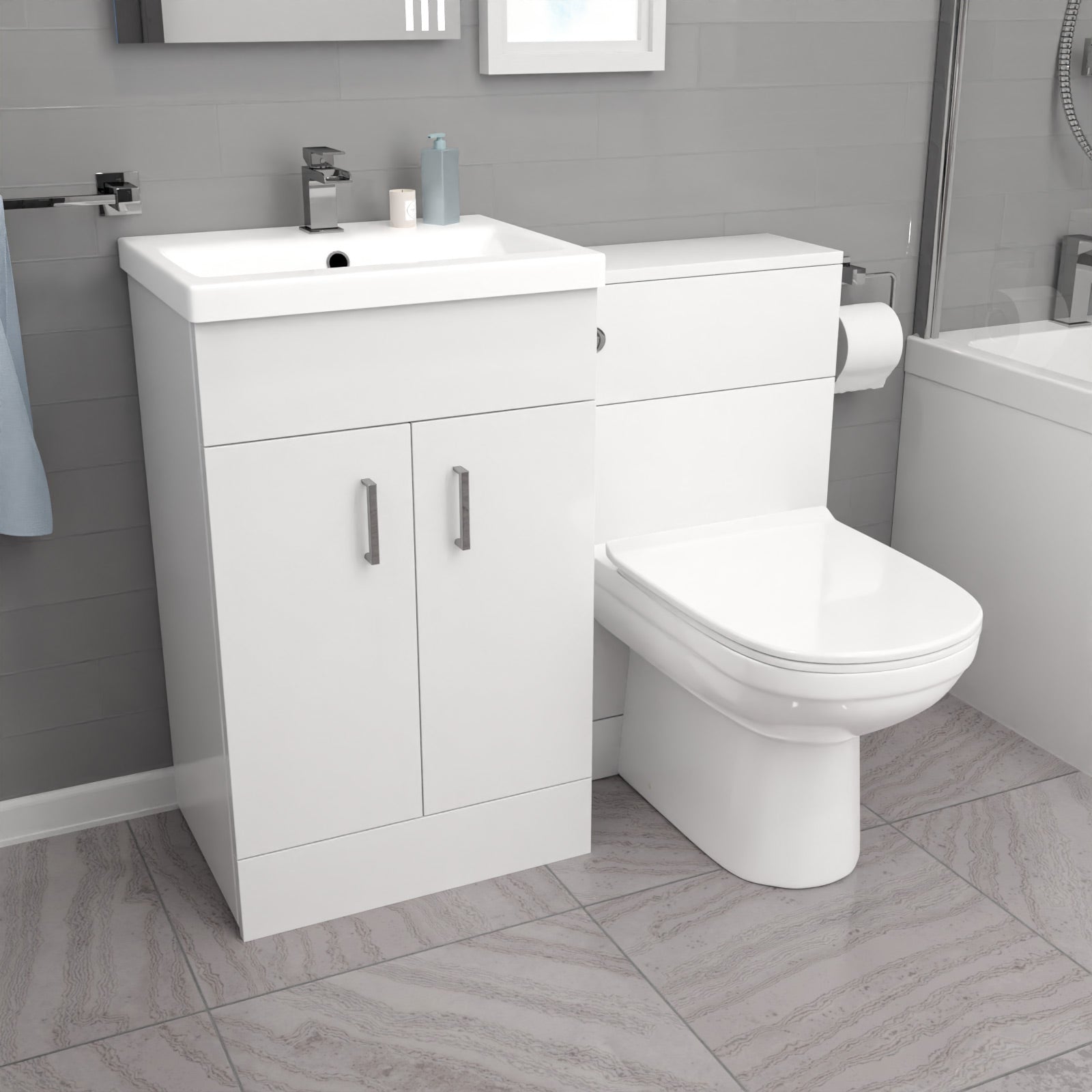 Nanuya L-Shaped LH Bath, Exposed Shower, White Basin Vanity, Taps, BTW Toilet