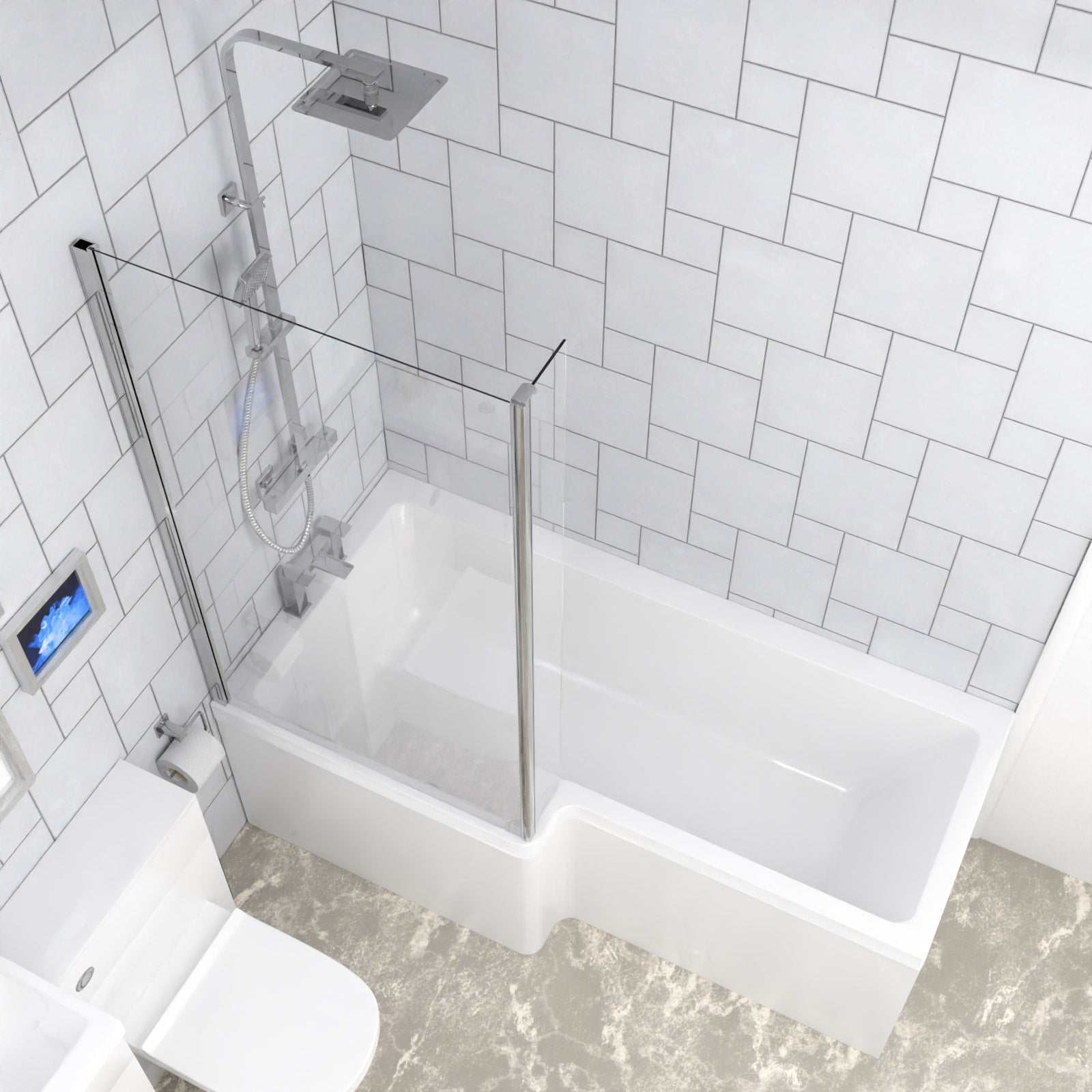 Cann L-Shaped Shower Bath with Vanity Unit & Toilet, Taps & Shower