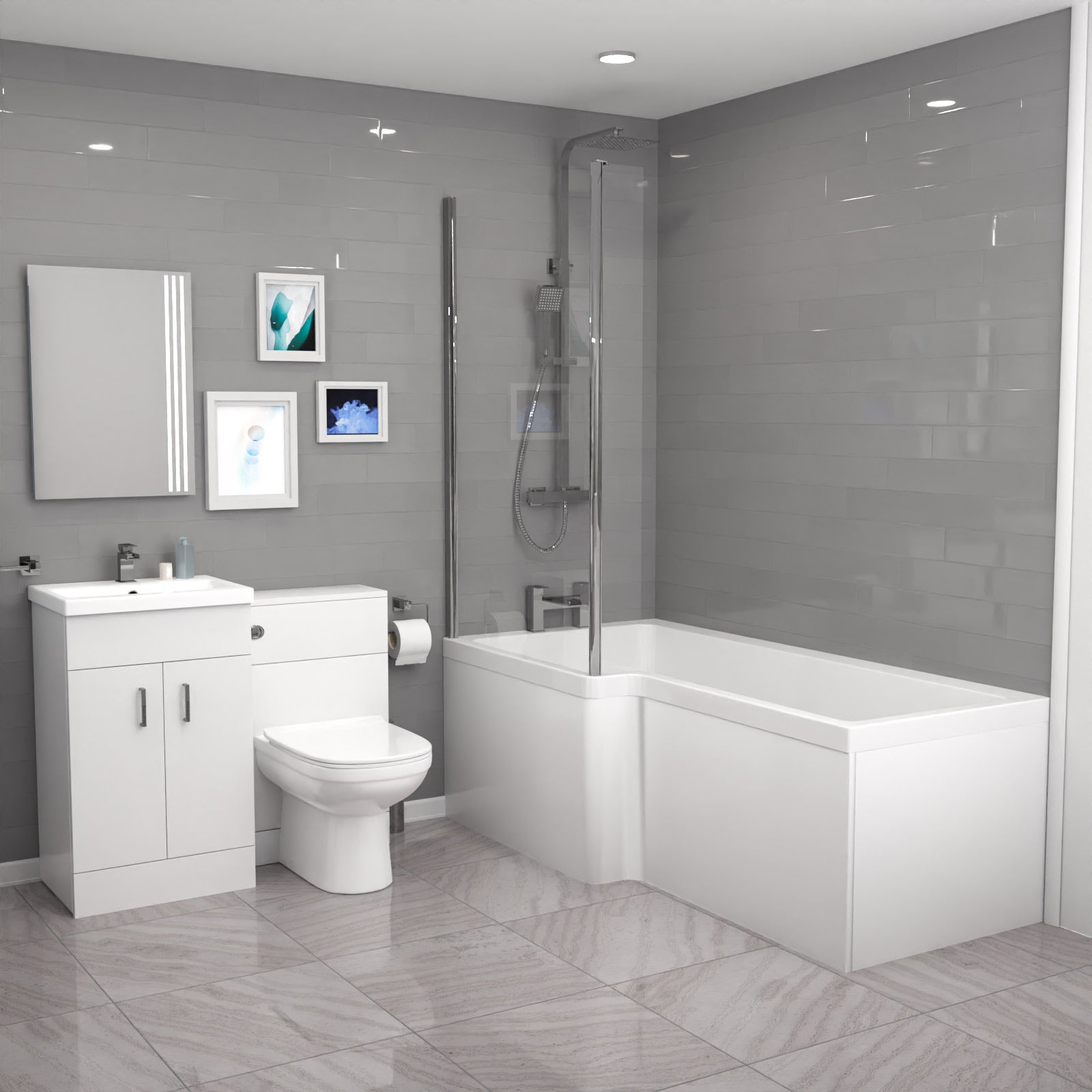 Nanuya L-Shaped LH Bath, Exposed Shower, White Basin Vanity, Taps, BTW Toilet