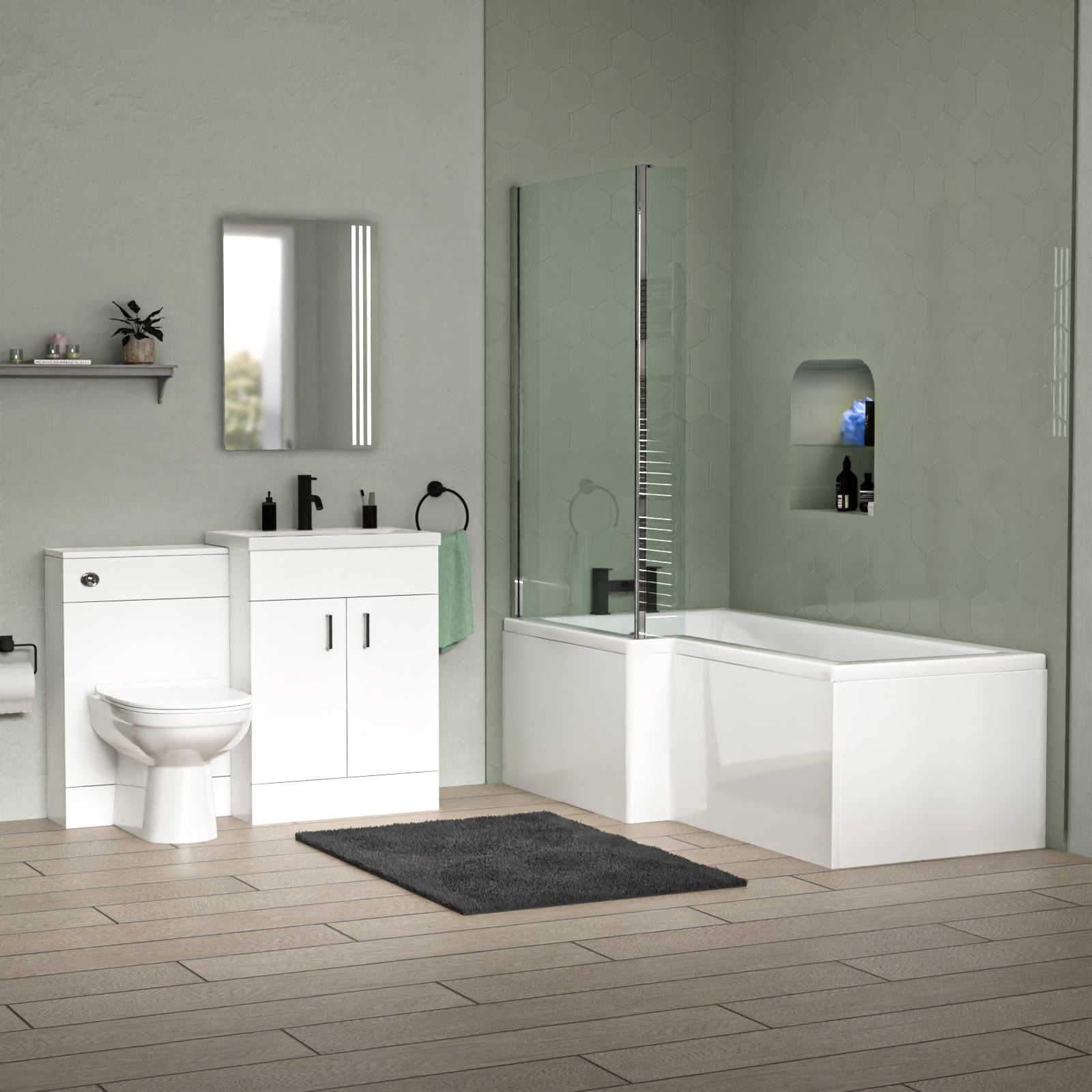 Nanuya L-Shaped Shower Bath with Vanity Unit & Toilet, Taps & Shower