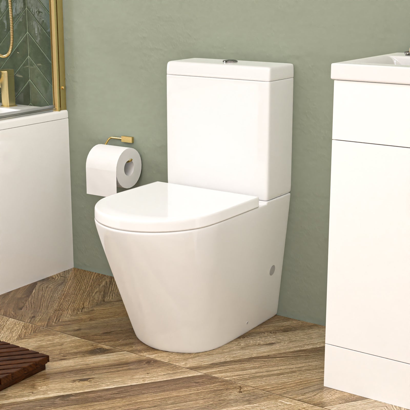 Nanuya L-Shaped RH Shower Bath Basin Vanity Toilet Set Brushed Brass Taps