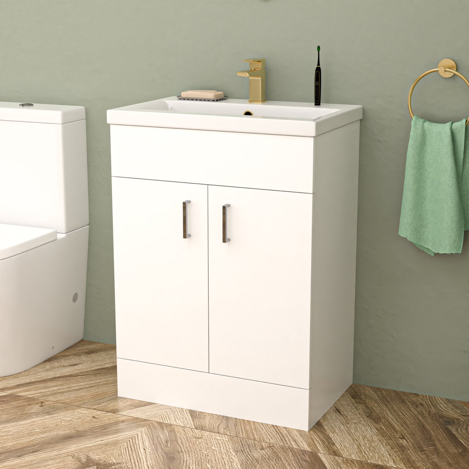 Nanuya L-Shaped RH Shower Bath Basin Vanity Toilet Set Brushed Brass Taps