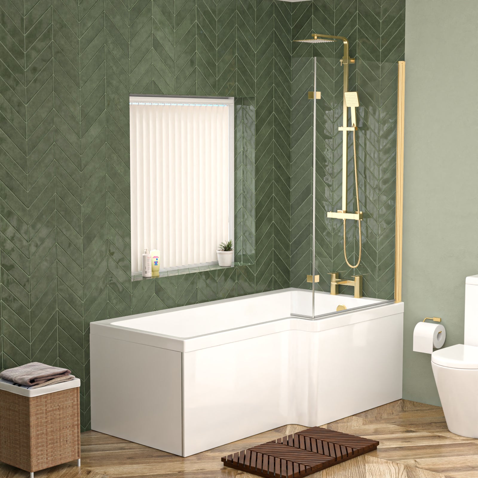 Nanuya L-Shaped RH Shower Bath Basin Vanity Toilet Set Brushed Brass Taps