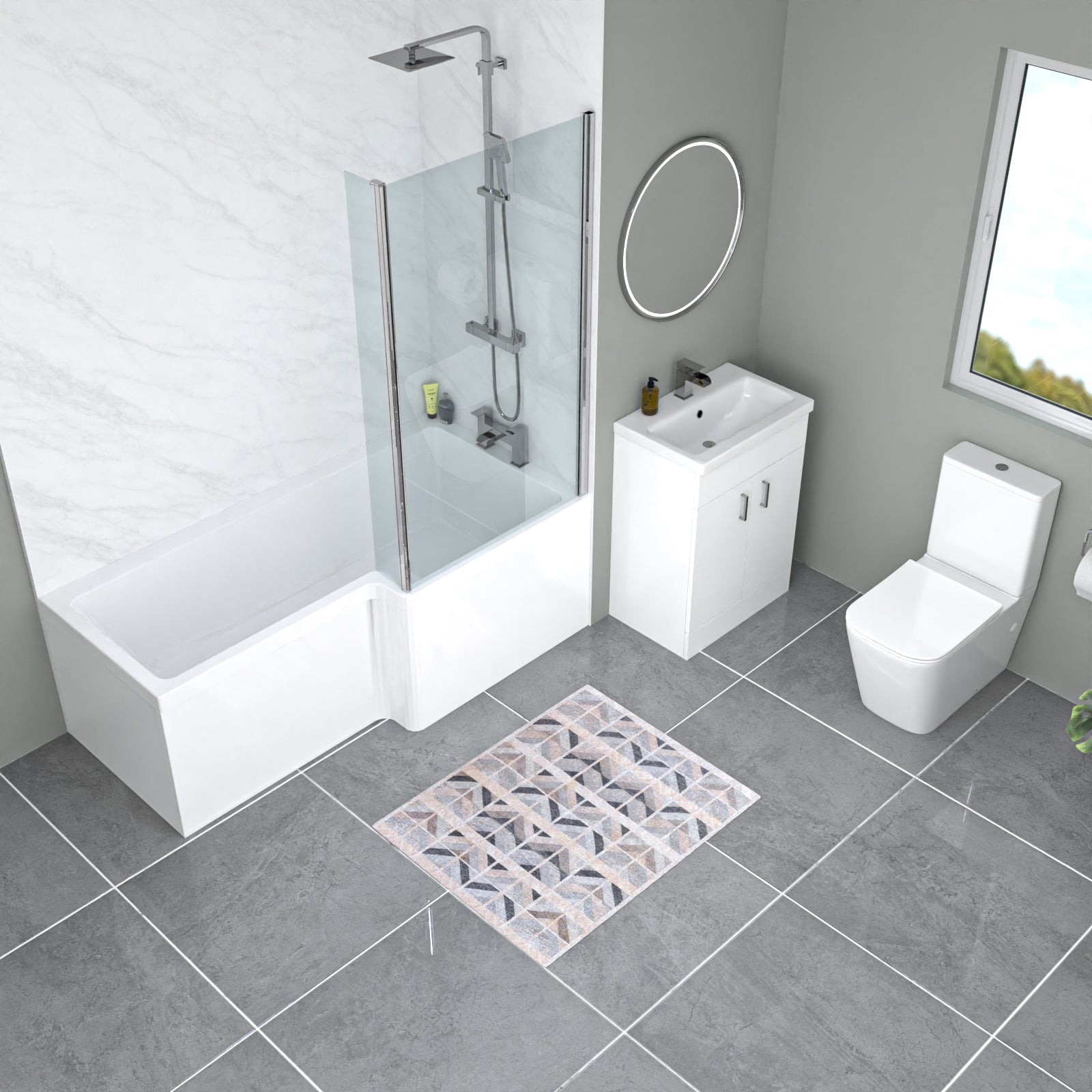Nanuya L-Shaped RH Bath Front Panel White Basin Vanity Toilet Tap & Shower Set