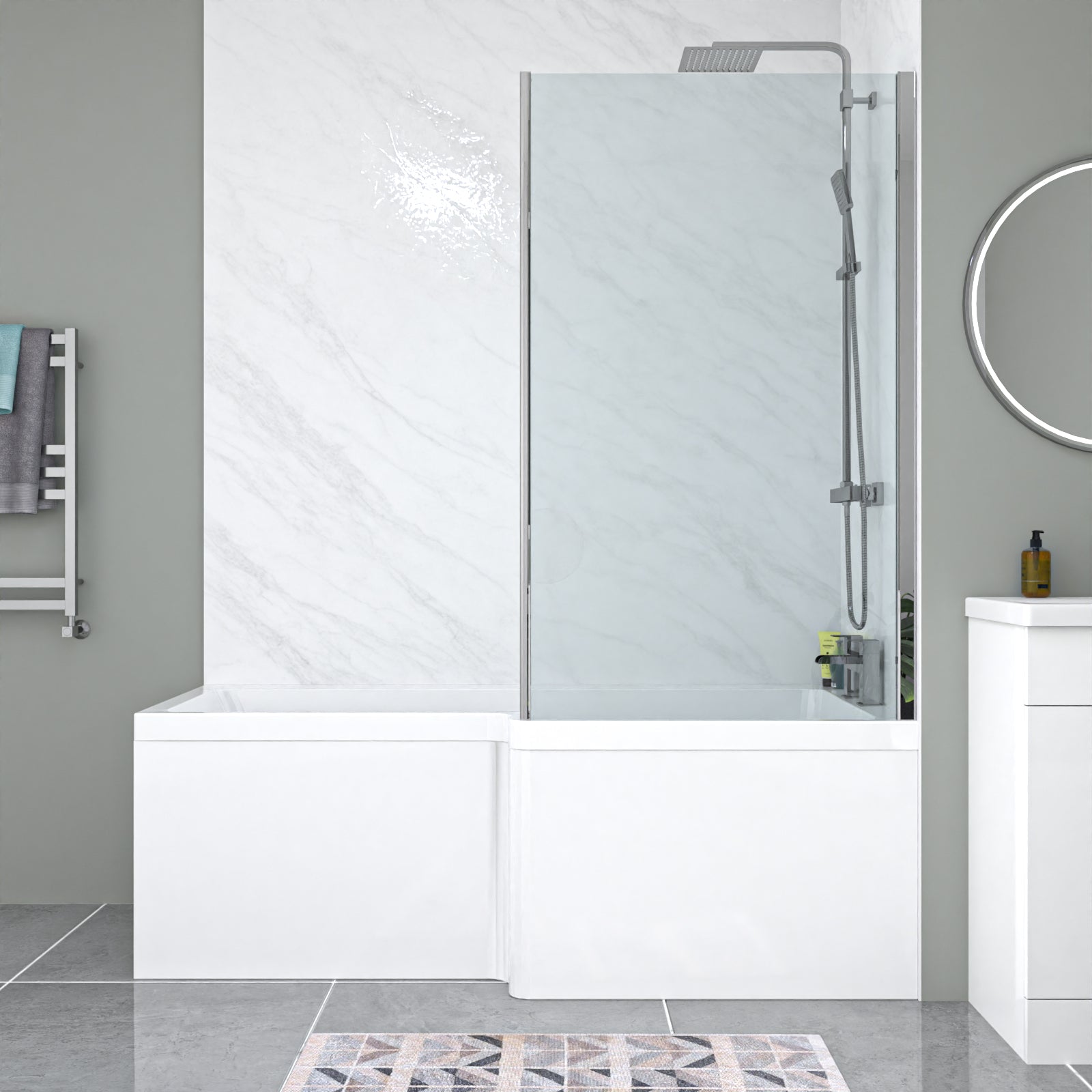 Nanuya L-Shaped RH Bath Front Panel White Basin Vanity Toilet Tap & Shower Set