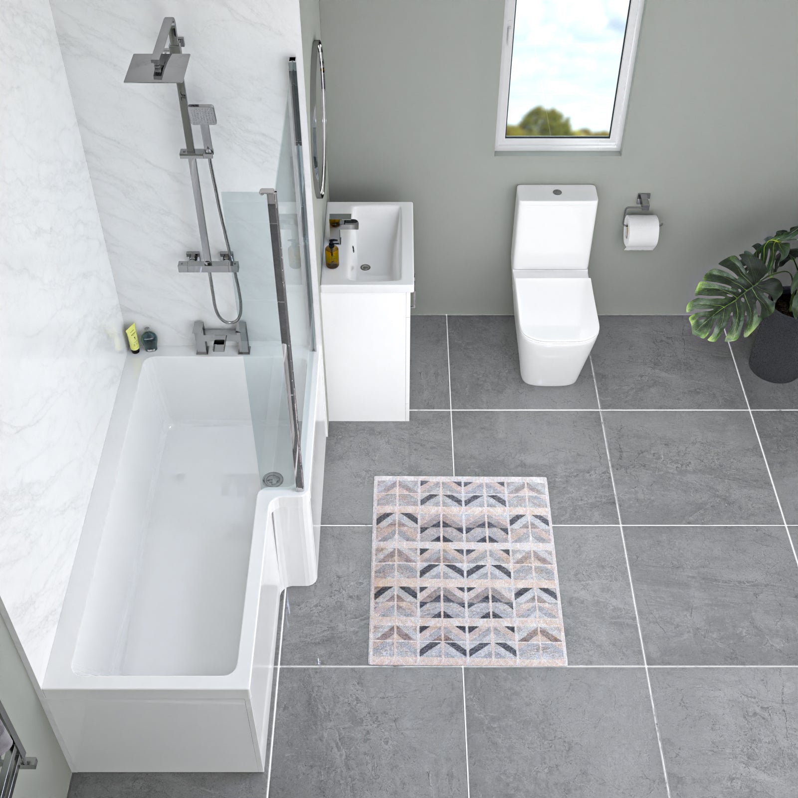 Nanuya L-Shaped RH Bath Front Panel White Basin Vanity Toilet Tap & Shower Set