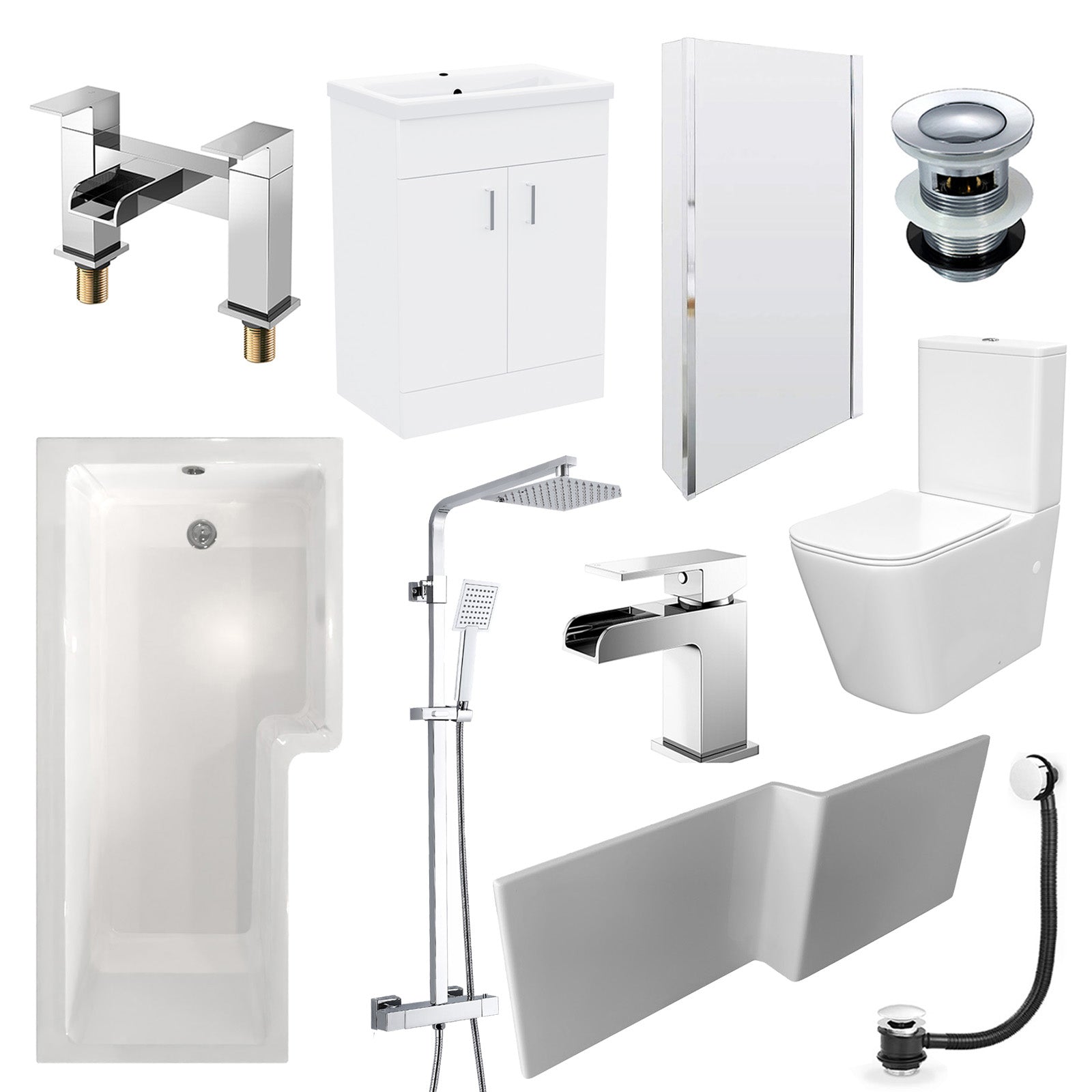 Nanuya L-Shaped RH Bath Front Panel White Basin Vanity Toilet Tap & Shower Set