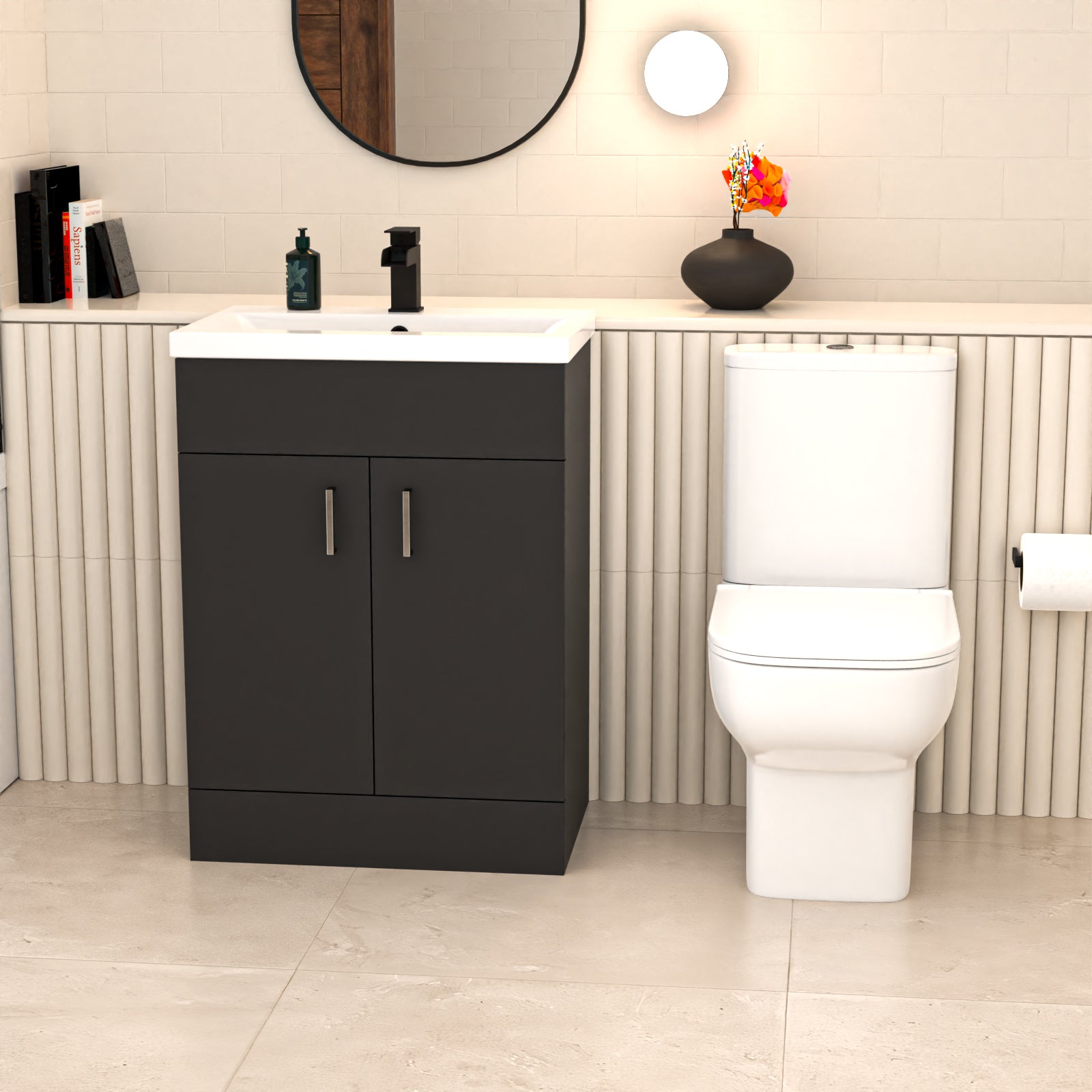 Nanuya L-Shaped RH Bath Shower Dark Grey Basin Vanity Toilet Matte Black Taps