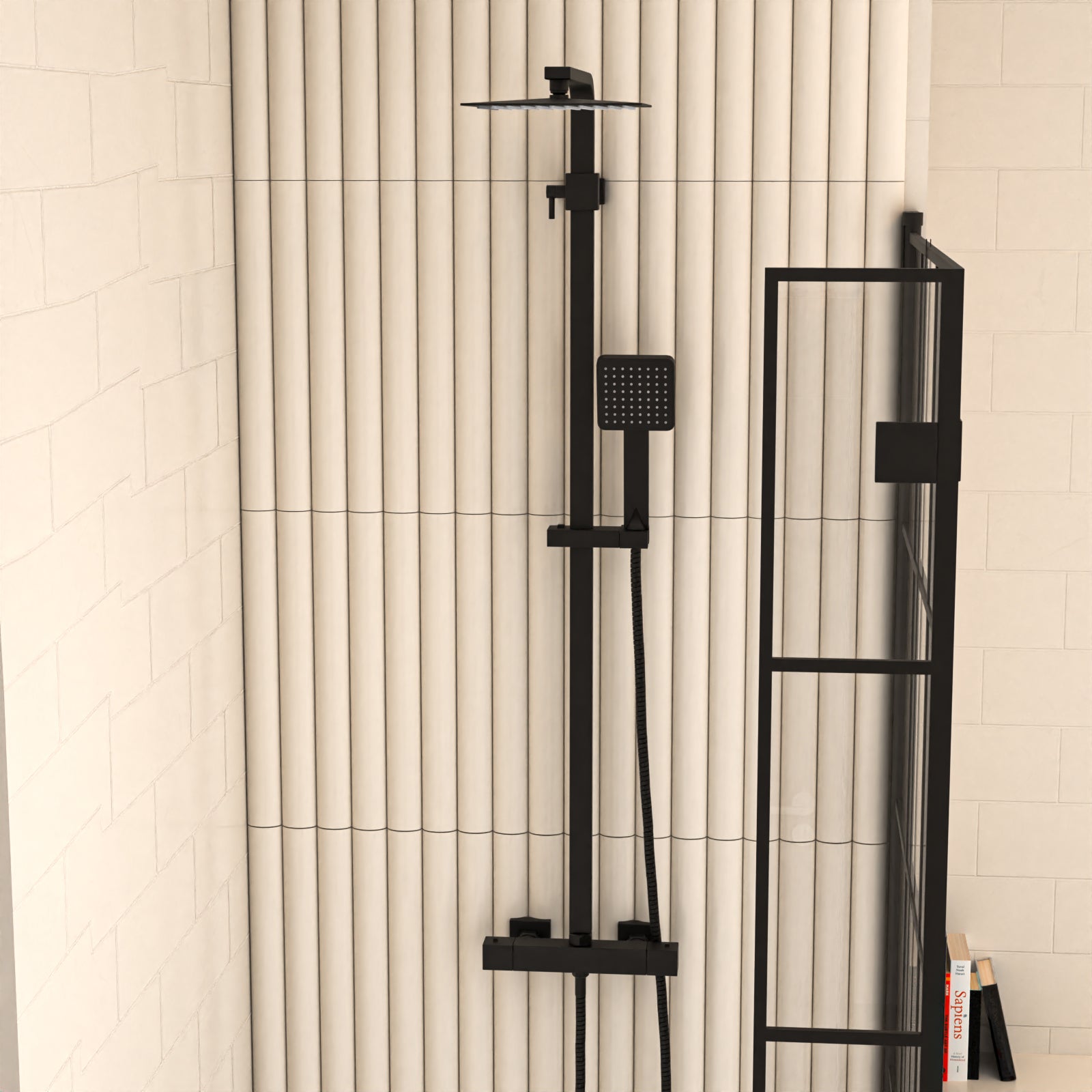 Nanuya L-Shaped RH Bath Shower Dark Grey Basin Vanity Toilet Matte Black Taps