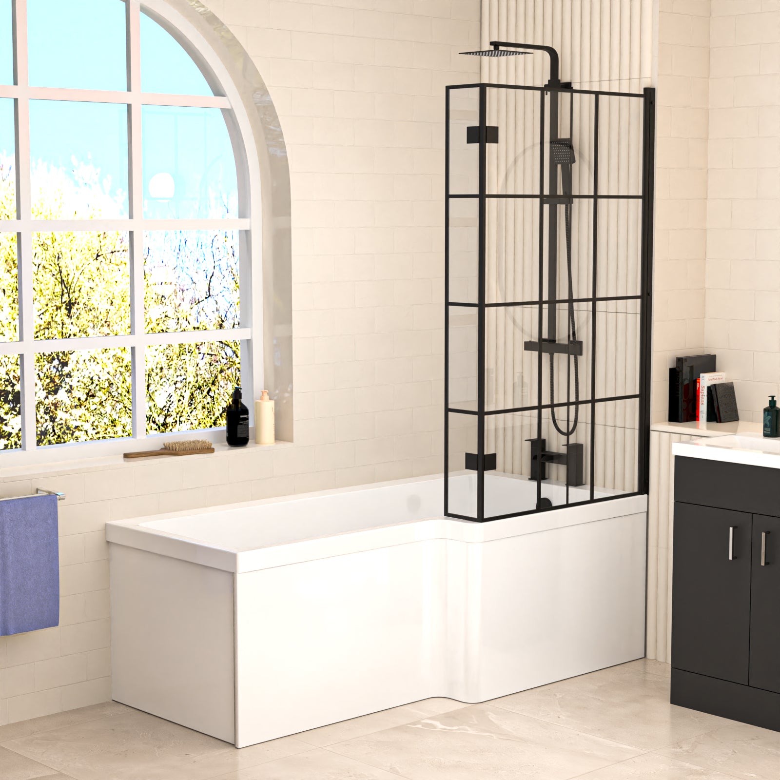 Nanuya L-Shaped RH Bath Shower Dark Grey Basin Vanity Toilet Matte Black Taps