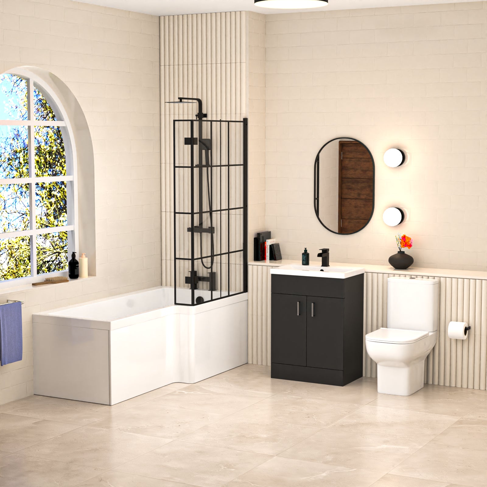 Nanuya L-Shaped RH Bath Shower Dark Grey Basin Vanity Toilet Matte Black Taps