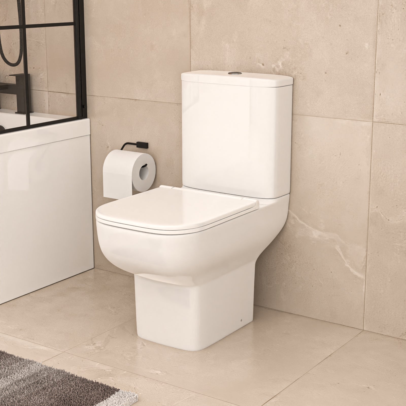 Alaska L-Shaped RH Bath Shower White Doors Vanity Toilet Matte Black Taps