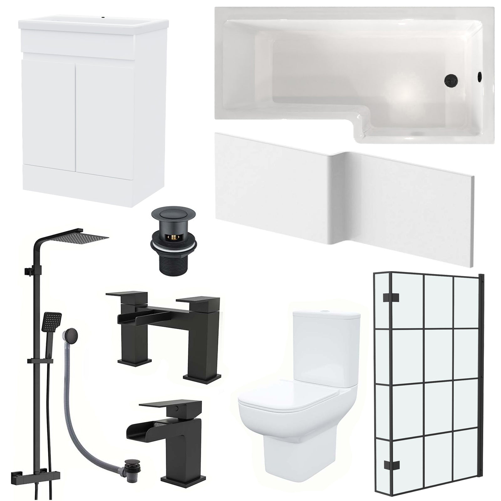 Alaska L-Shaped RH Bath Shower White Doors Vanity Toilet Matte Black Taps