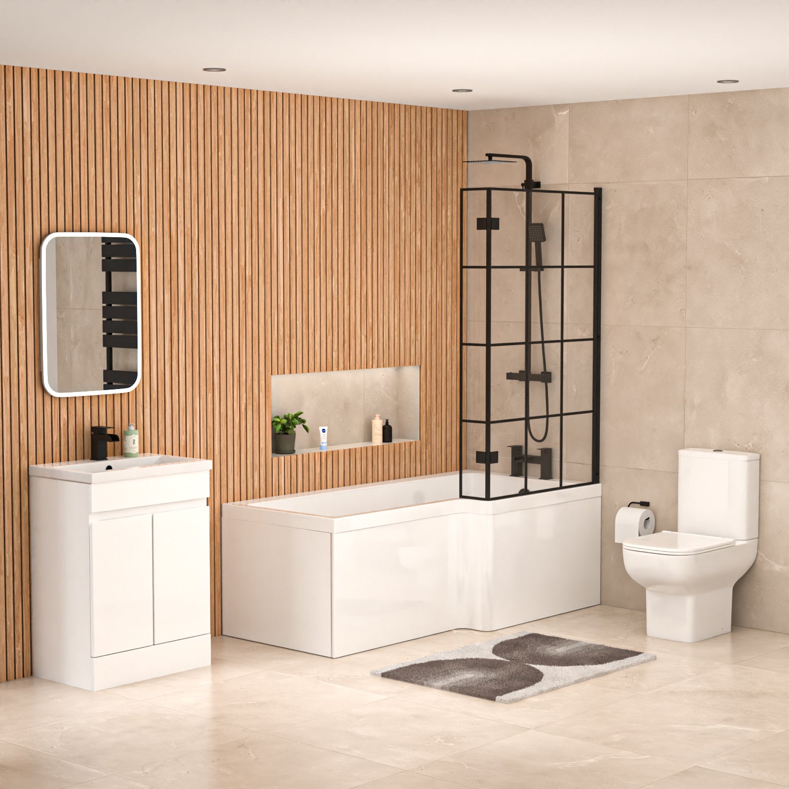 Alaska L-Shaped RH Bath Shower White Doors Vanity Toilet Matte Black Taps