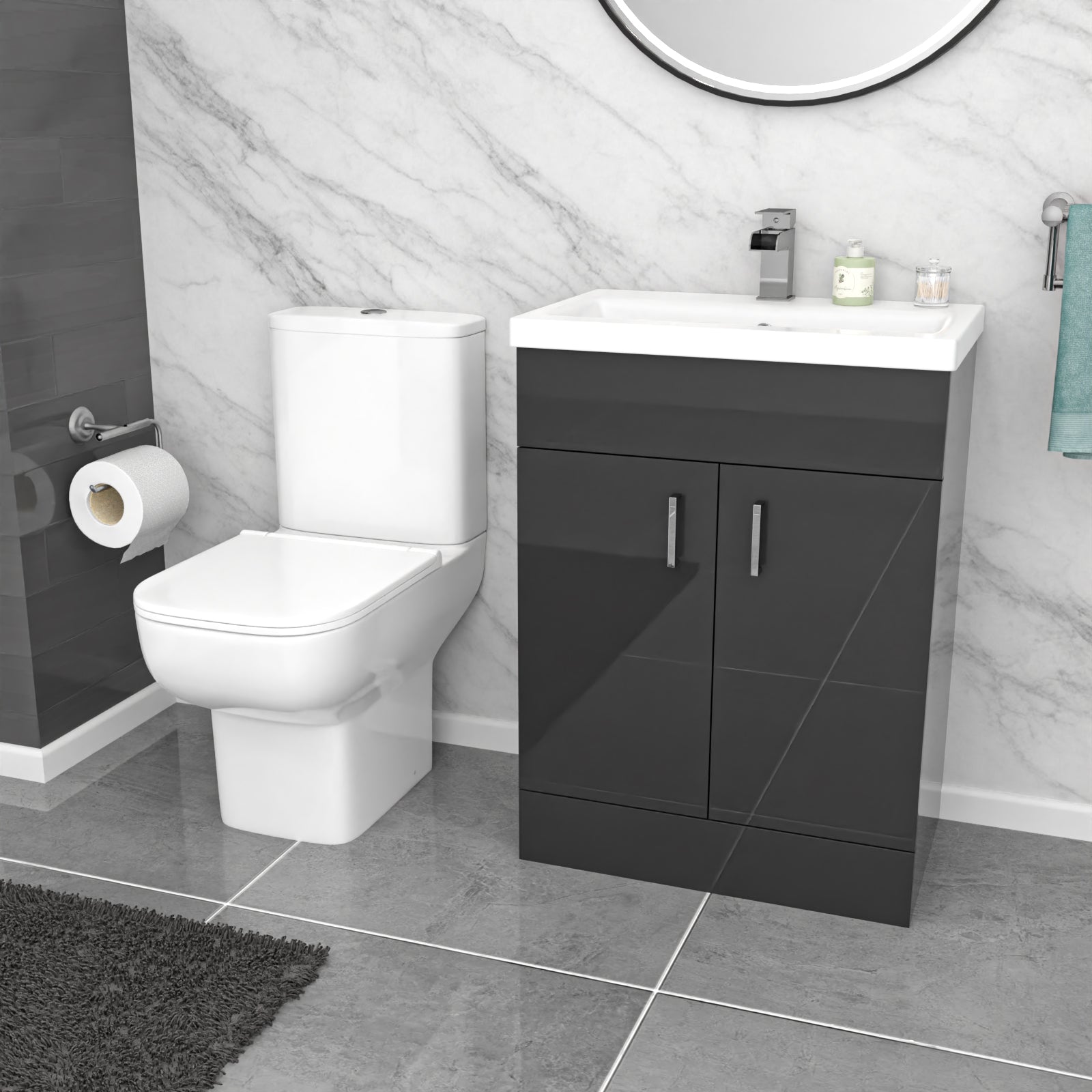 White L-Shaped RH Shower Bath & Basin BTW Toilet Vanity With Taps