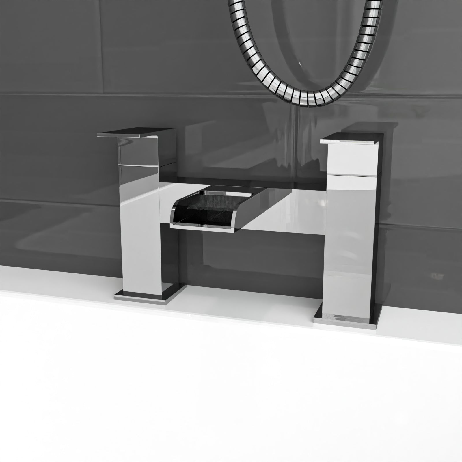 White L-Shaped RH Shower Bath & Basin BTW Toilet Vanity With Taps