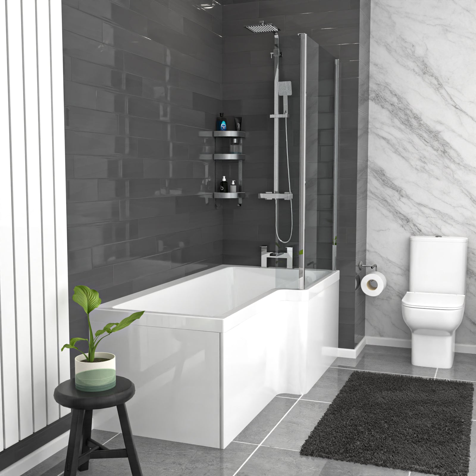 White L-Shaped RH Shower Bath & Basin BTW Toilet Vanity With Taps