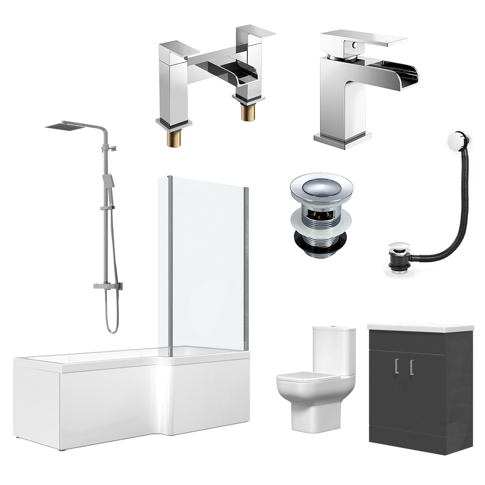 White L-Shaped RH Shower Bath & Basin BTW Toilet Vanity With Taps