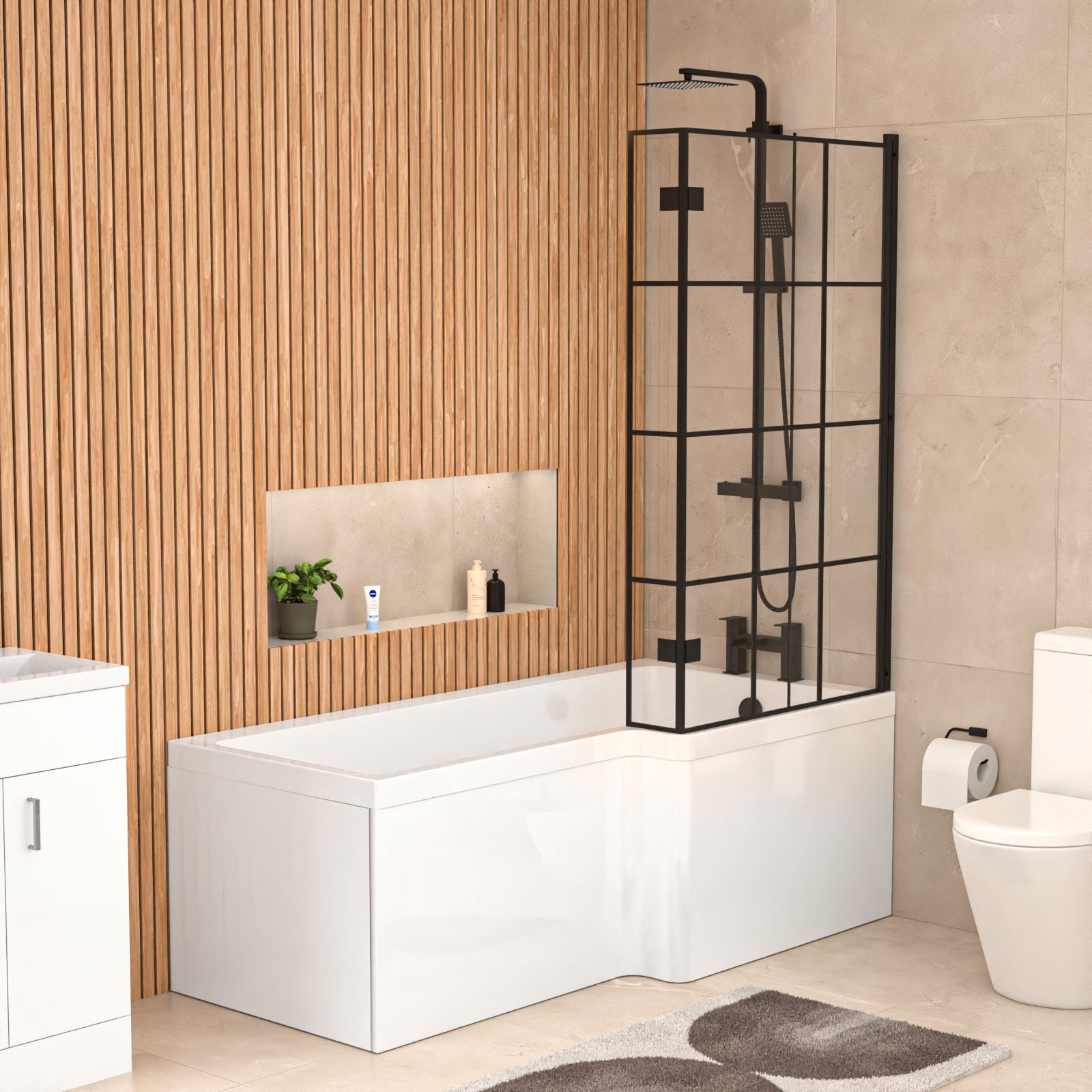 Nanuya L-Shaped RH Shower Bath Basin Vanity Toilet Set Matte Black Taps