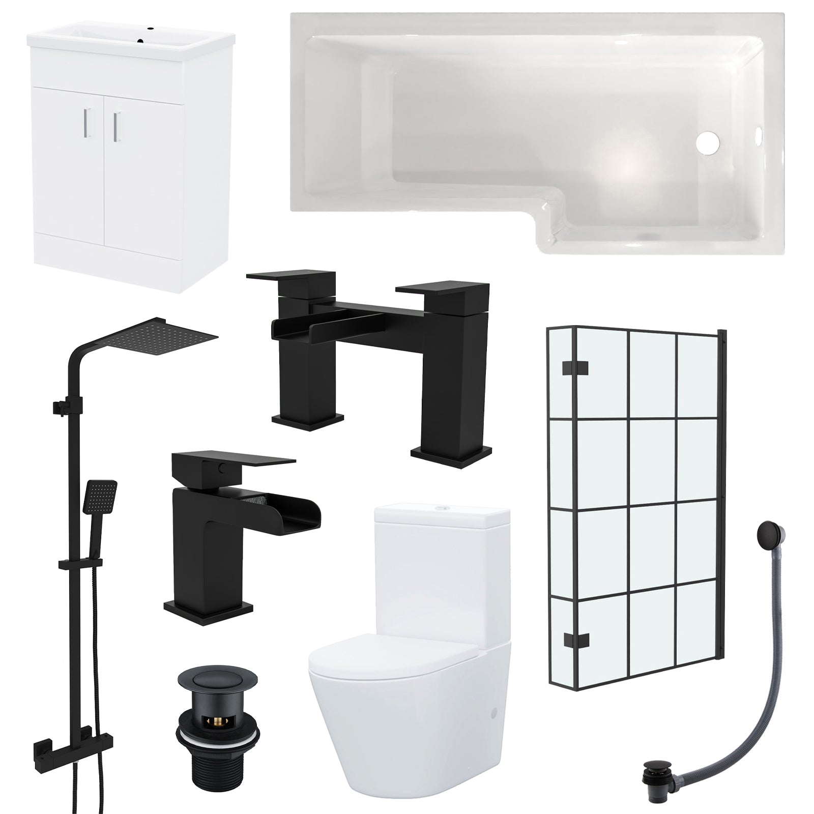 Nanuya L-Shaped RH Shower Bath Basin Vanity Toilet Set Matte Black Taps