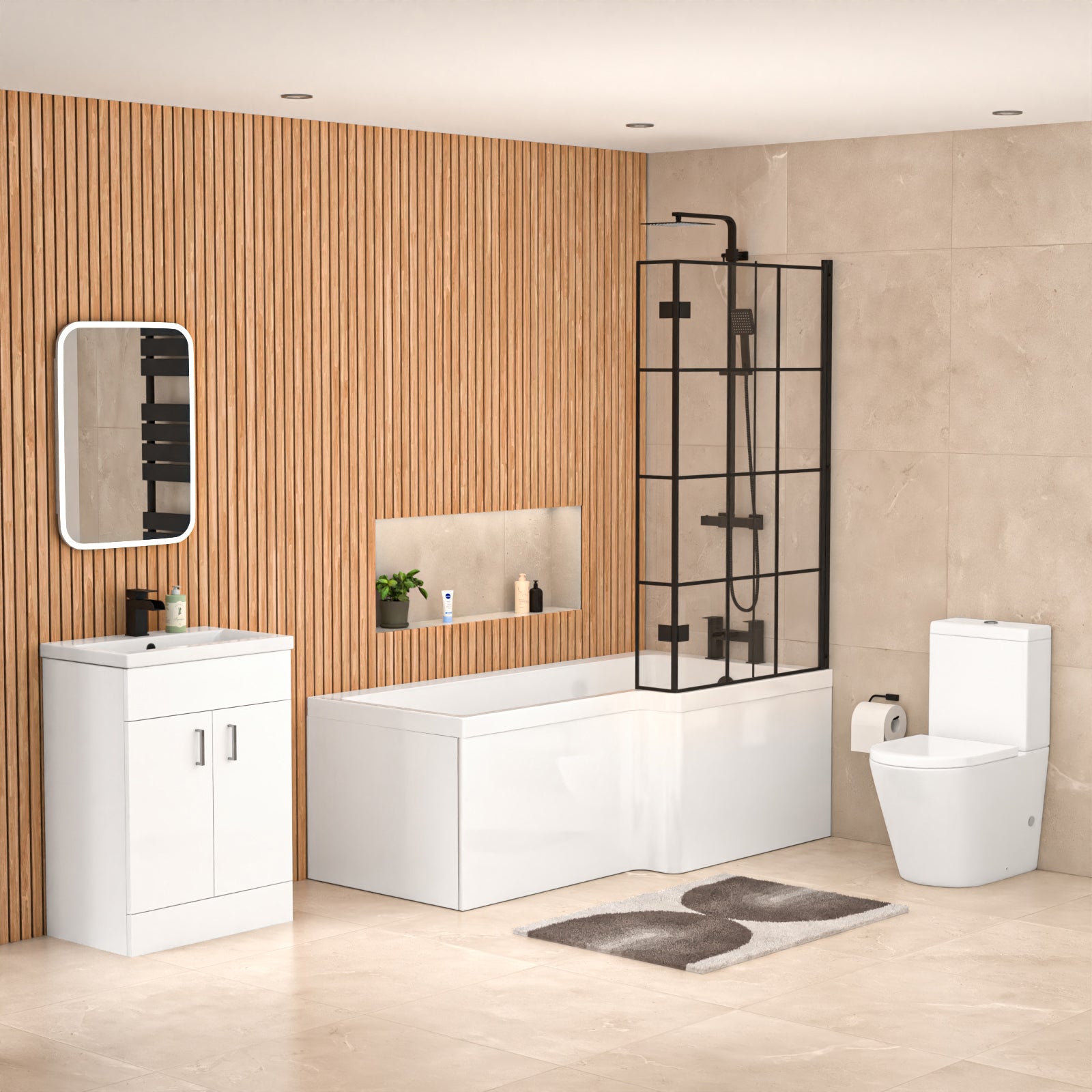 Nanuya L-Shaped RH Shower Bath Basin Vanity Toilet Set Matte Black Taps