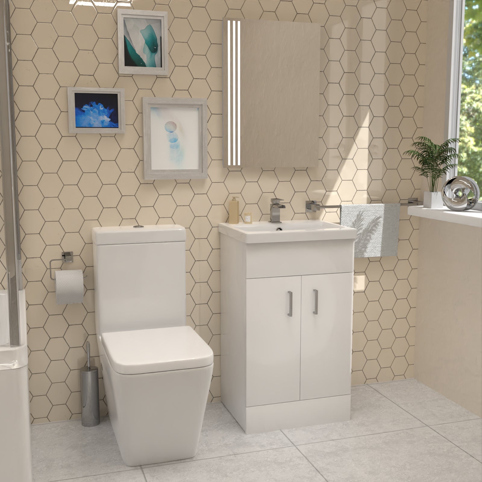 Cann L-Shaped RH Shower Bath, White Basin Vanity Unit & Close Coupled Toilet