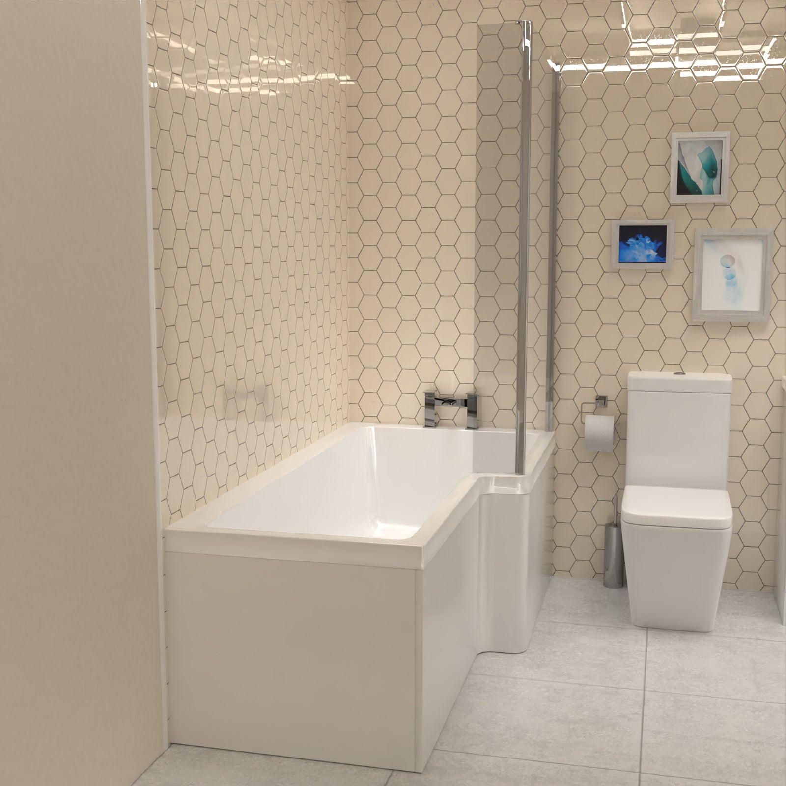 Cann L-Shaped RH Shower Bath, White Basin Vanity Unit & Close Coupled Toilet