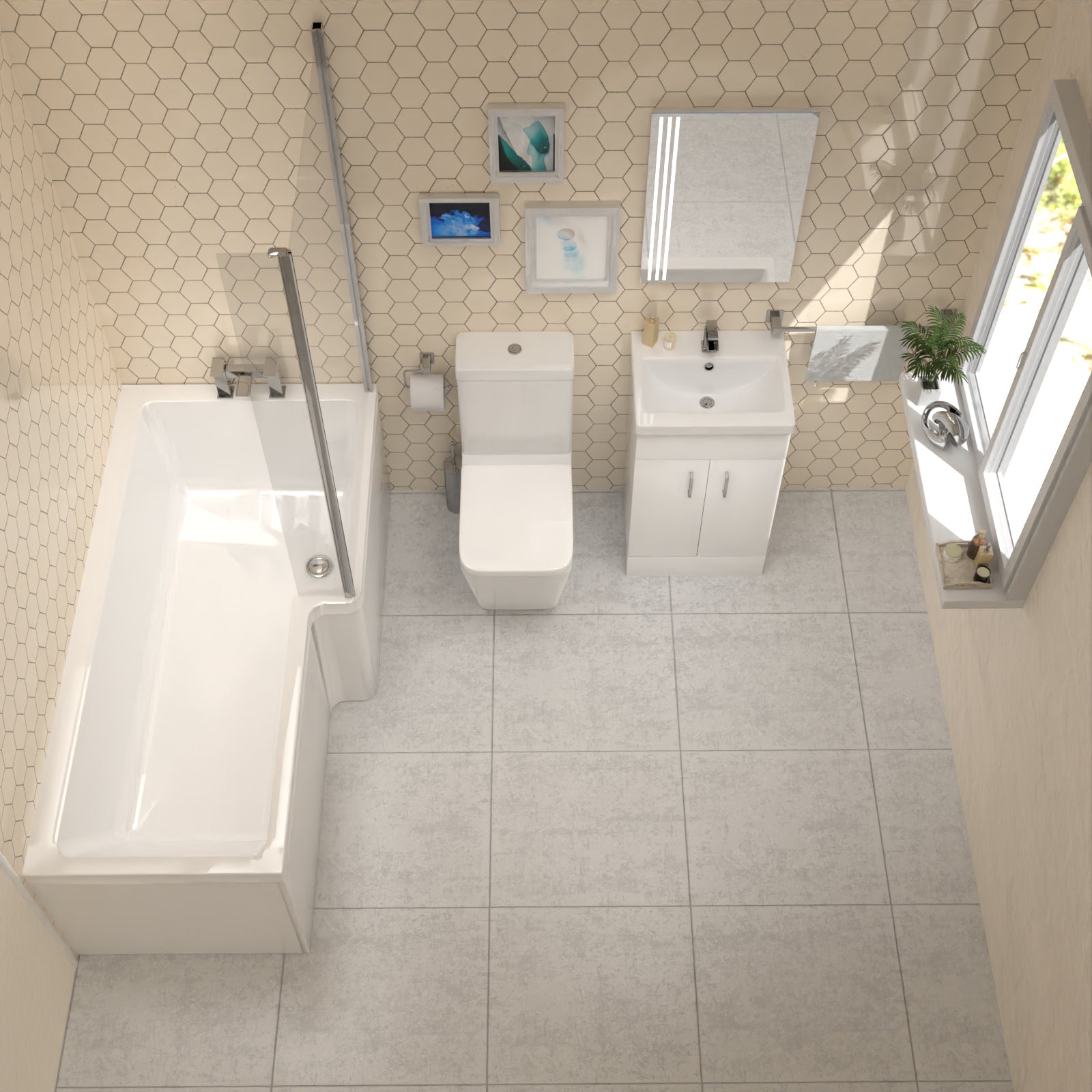 Cann L-Shaped RH Shower Bath, White Basin Vanity Unit & Close Coupled Toilet