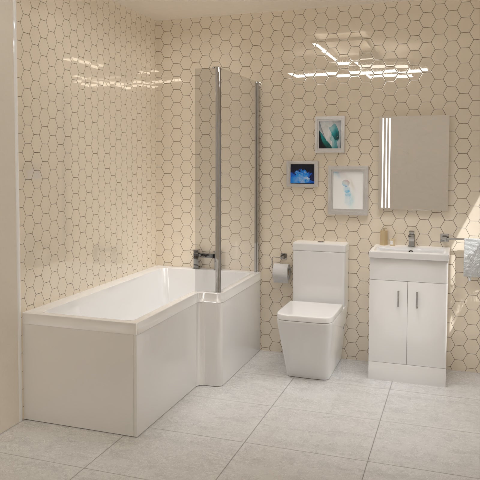 Cann L-Shaped RH Shower Bath, White Basin Vanity Unit & Close Coupled Toilet