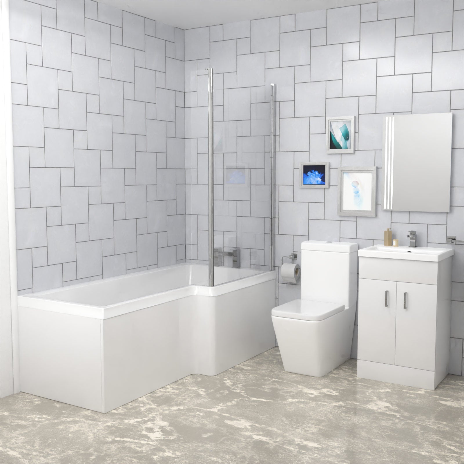 Cann L-Shaped Shower Bath with Vanity Unit & Toilet, Taps & Shower Suite