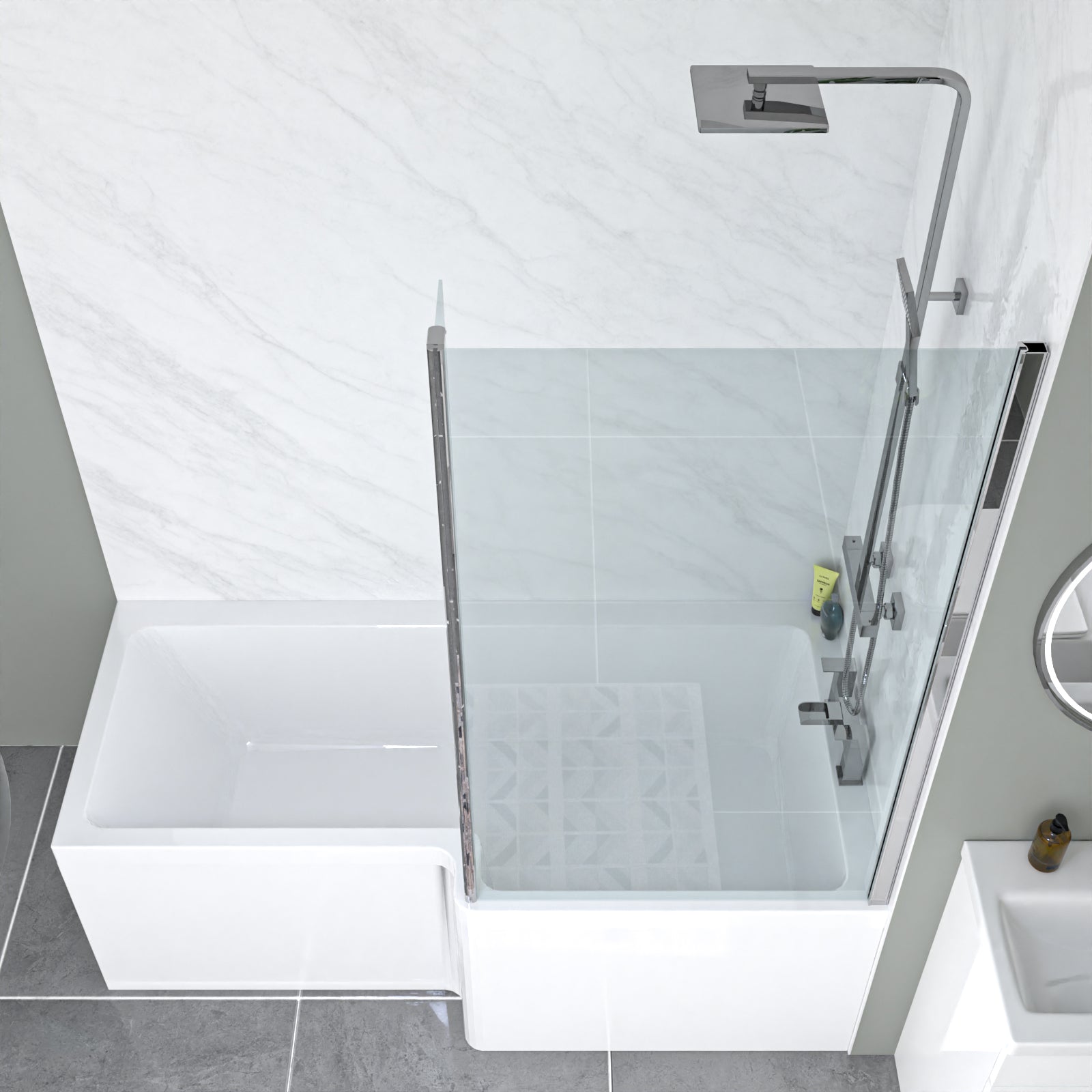 Nanuya L-Shaped Shower Bath with Vanity Unit & Toilet, Taps & Shower Suite