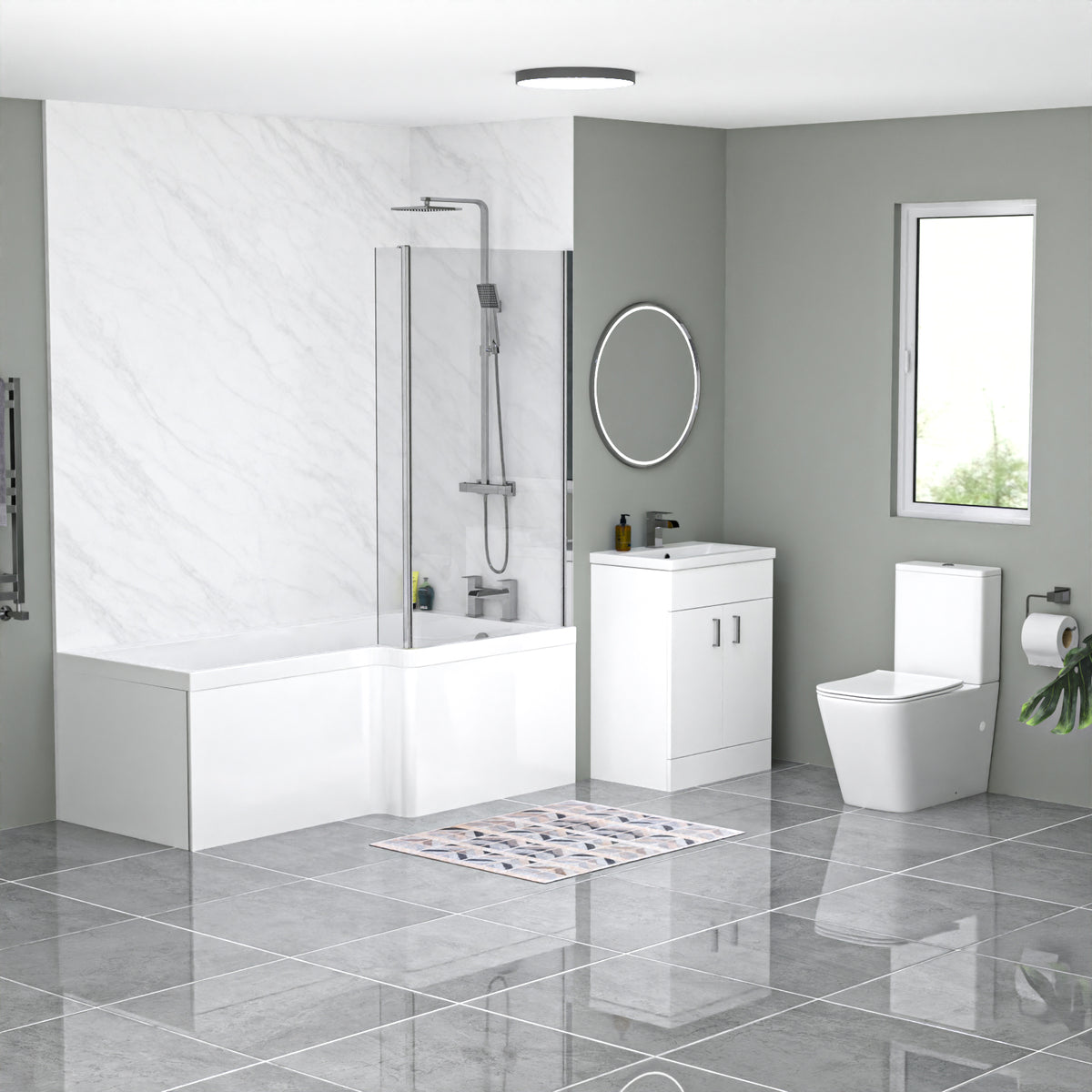 Nanuya L-Shaped RH Bath With Screen, Vanity With Toilet, Taps & Shower Set - White