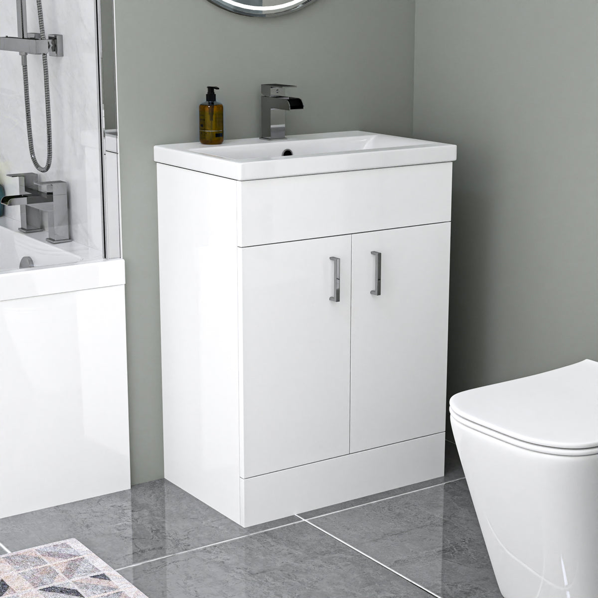 Nanuya L-Shaped RH Bath With Screen, Vanity With Toilet, Taps & Shower Set - White