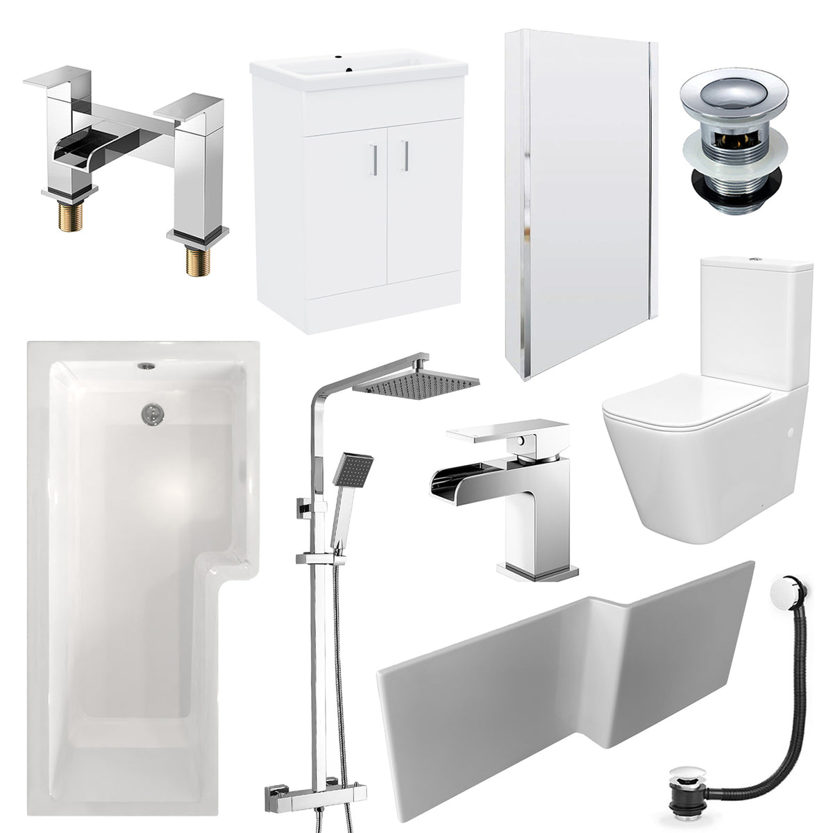 Nanuya L-Shaped RH Bath With Screen, Vanity With Toilet, Taps & Shower Set - White
