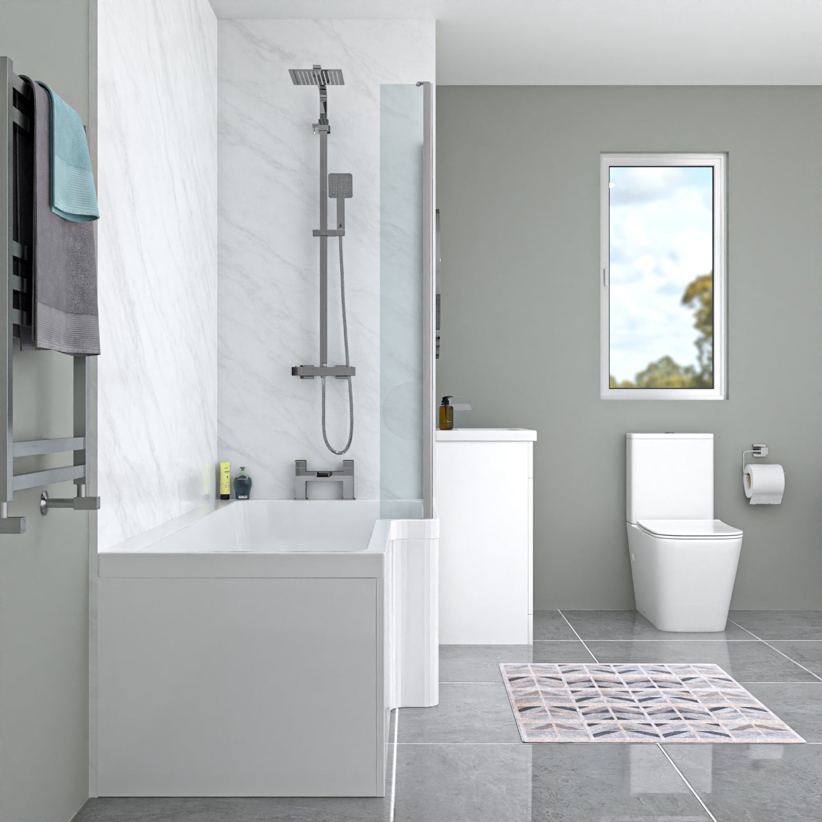 L-Shaped RH Bath Front Panel White Basin Vanity Toilet Tap & Shower Set