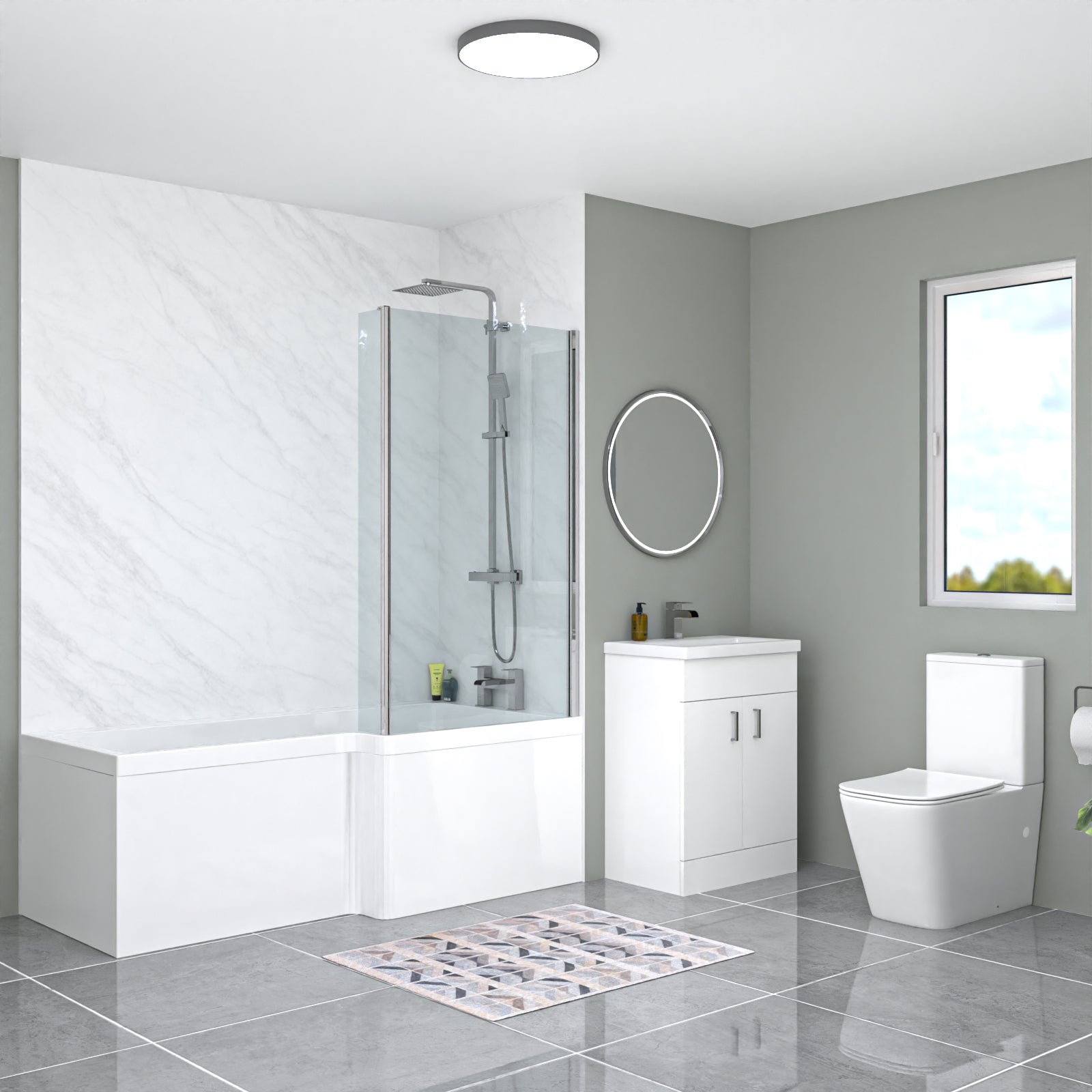 L-Shaped RH Bath Front Panel White Basin Vanity Toilet Tap & Shower Set