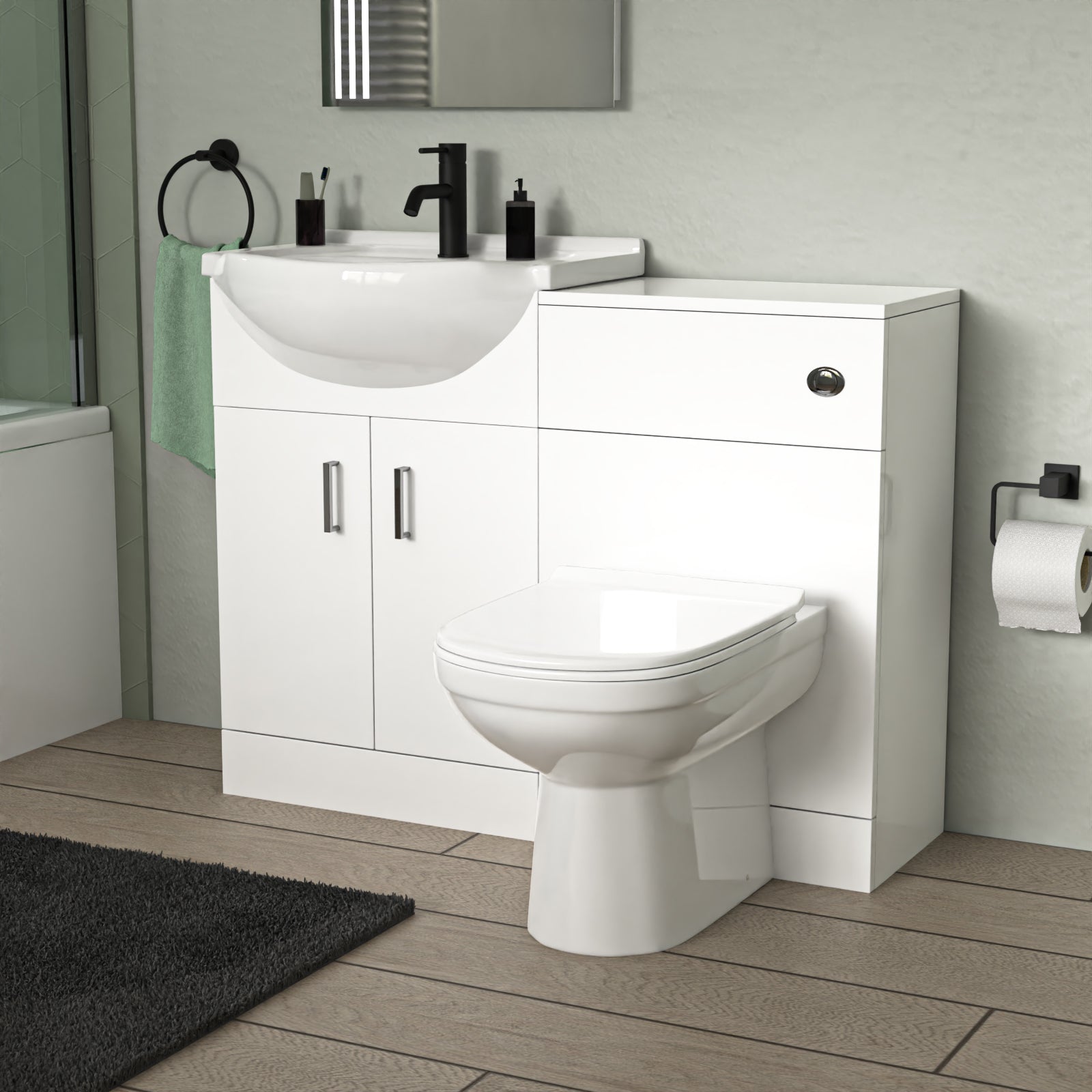 Ellen L-Shaped Shower Bath with Vanity Unit, WC Unit & Toilet