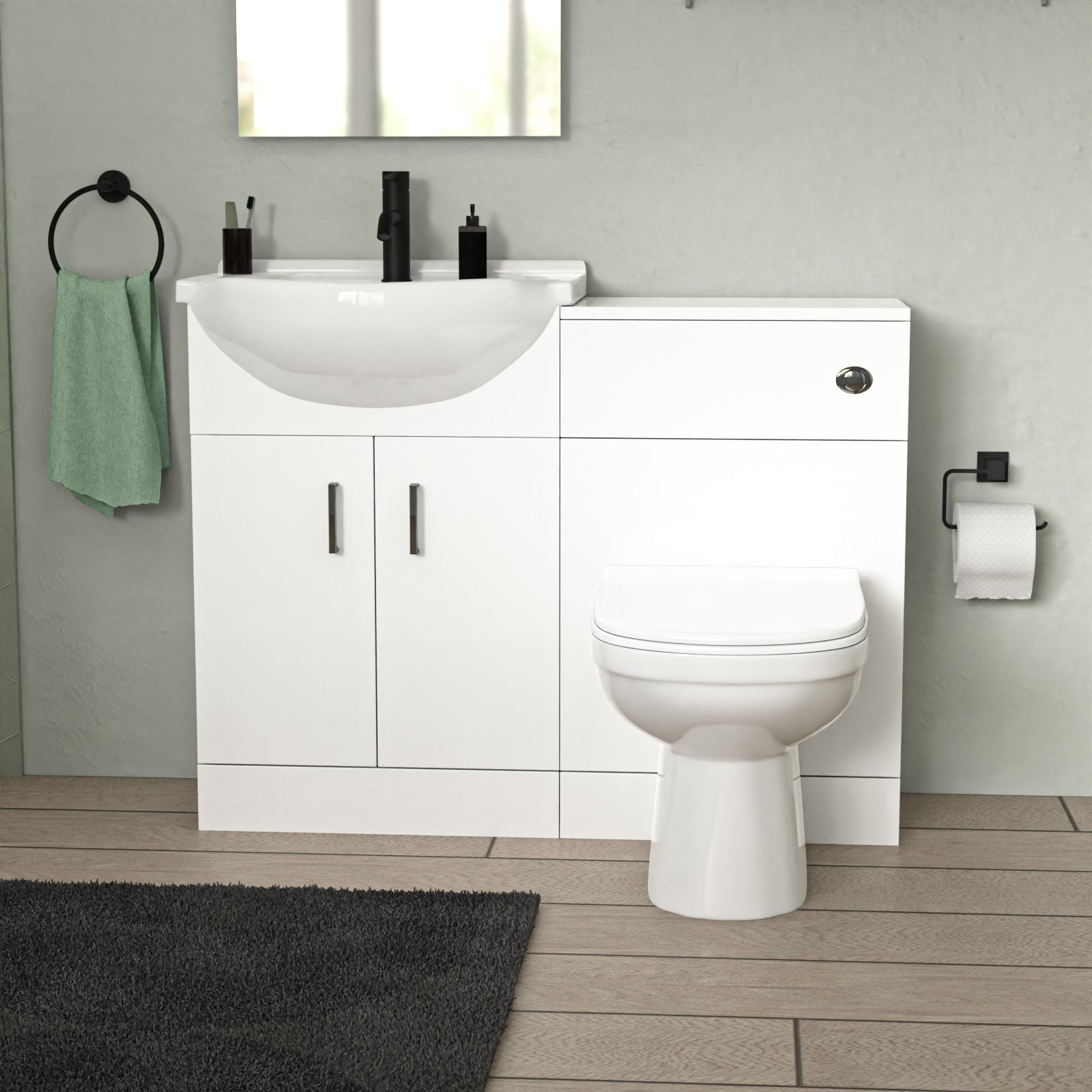 Ellen L-Shaped Shower Bath with Vanity Unit, WC Unit & Toilet