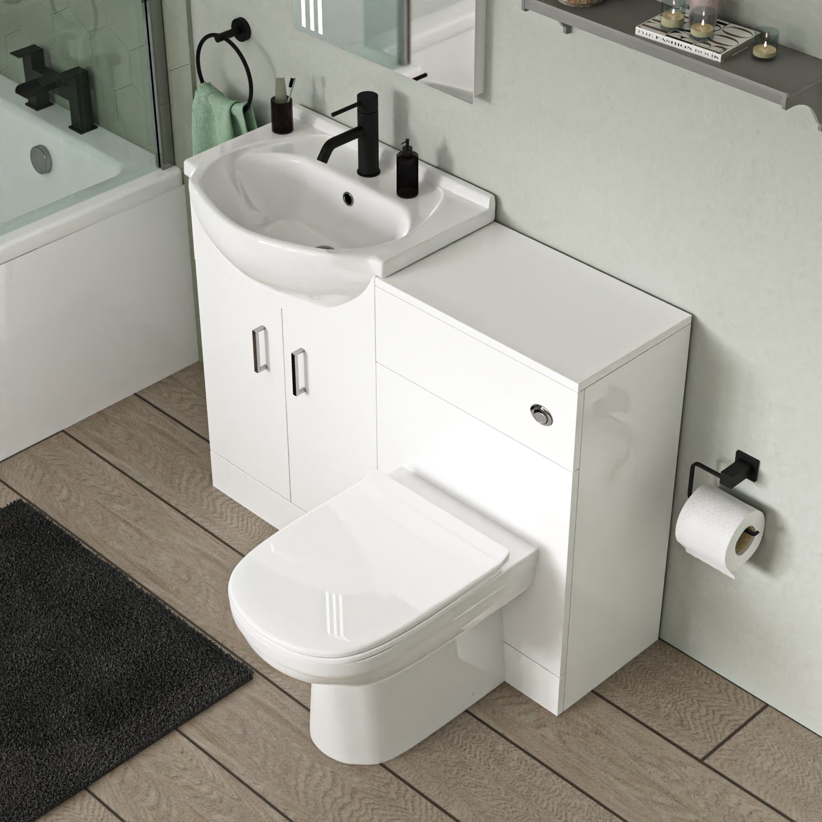 Ellen L-Shaped Shower Bath with Vanity Unit, WC Unit & Toilet