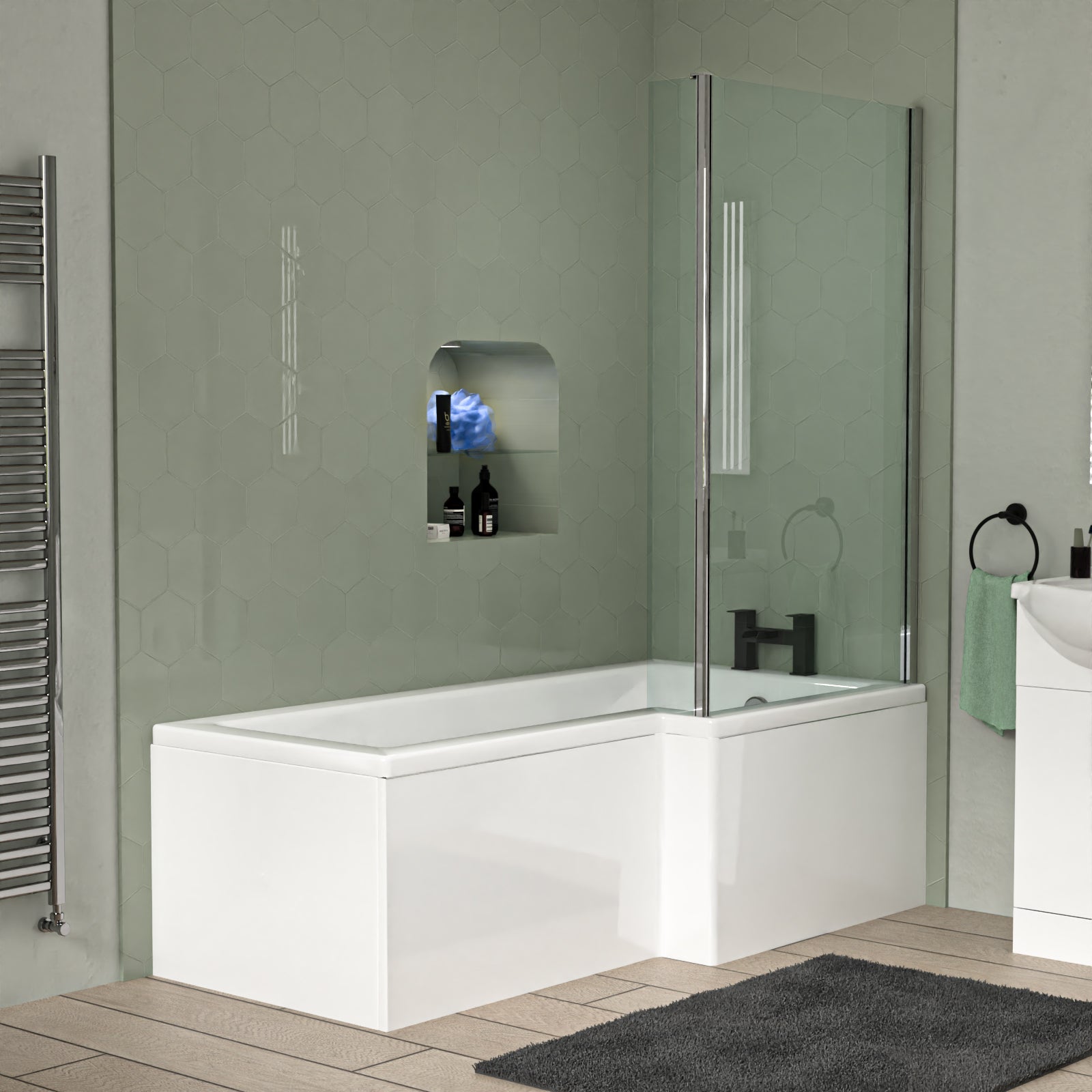 Ellen L-Shaped Shower Bath with Vanity Unit, WC Unit & Toilet