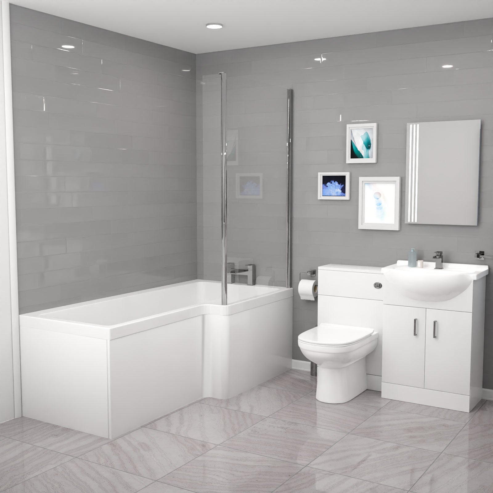 Ellen L-Shaped Shower Bath with Vanity Unit, WC Unit & Toilet