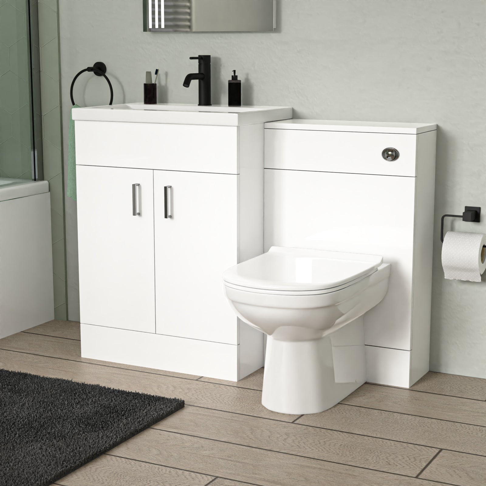 Nanuya L-Shaped Shower Bath with Vanity Unit & Toilet, Taps & Shower